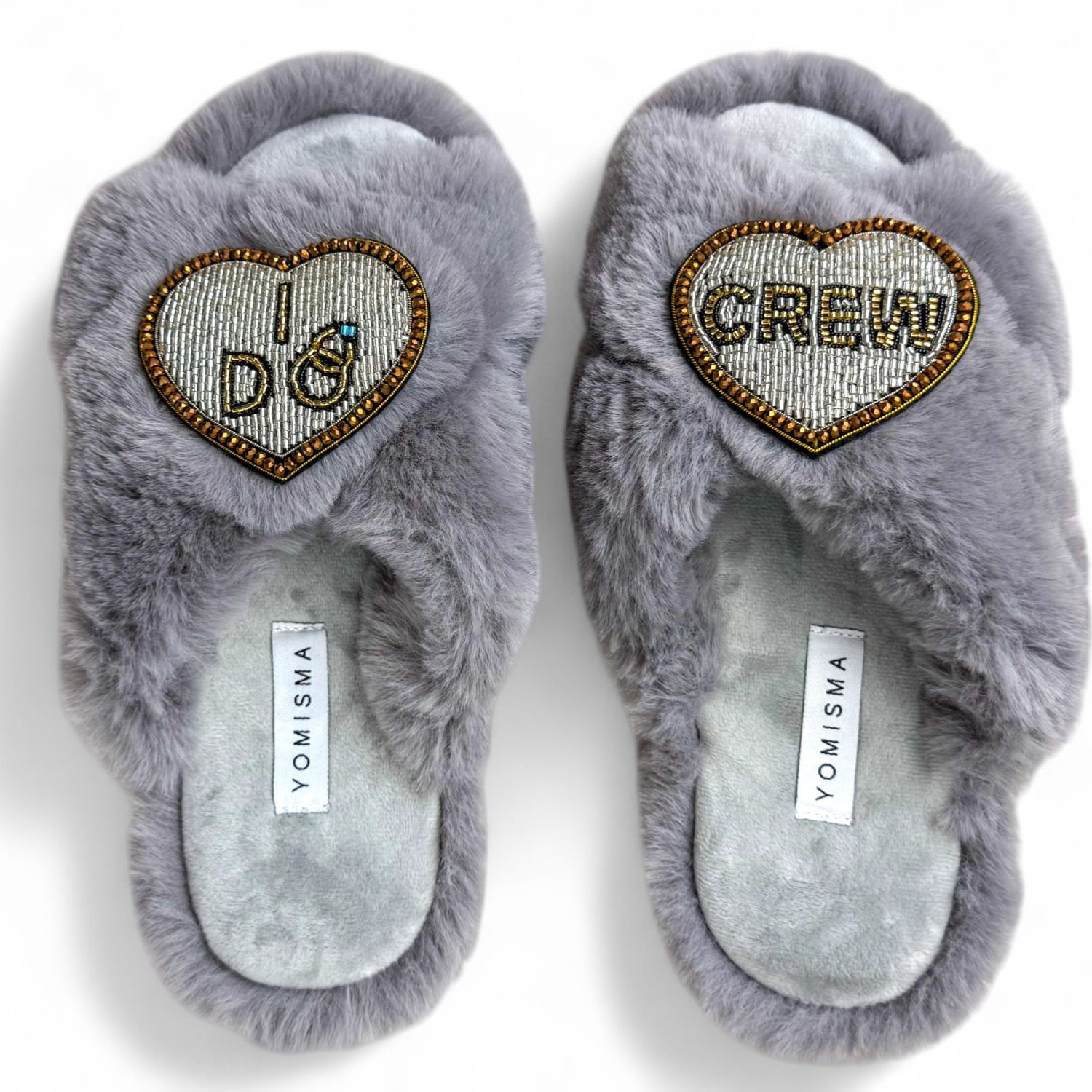 Yomisma Women's Faux Fur Slippers - Global Recycled Standard Certified With I Do Crew Wedding Embellishments In Gray