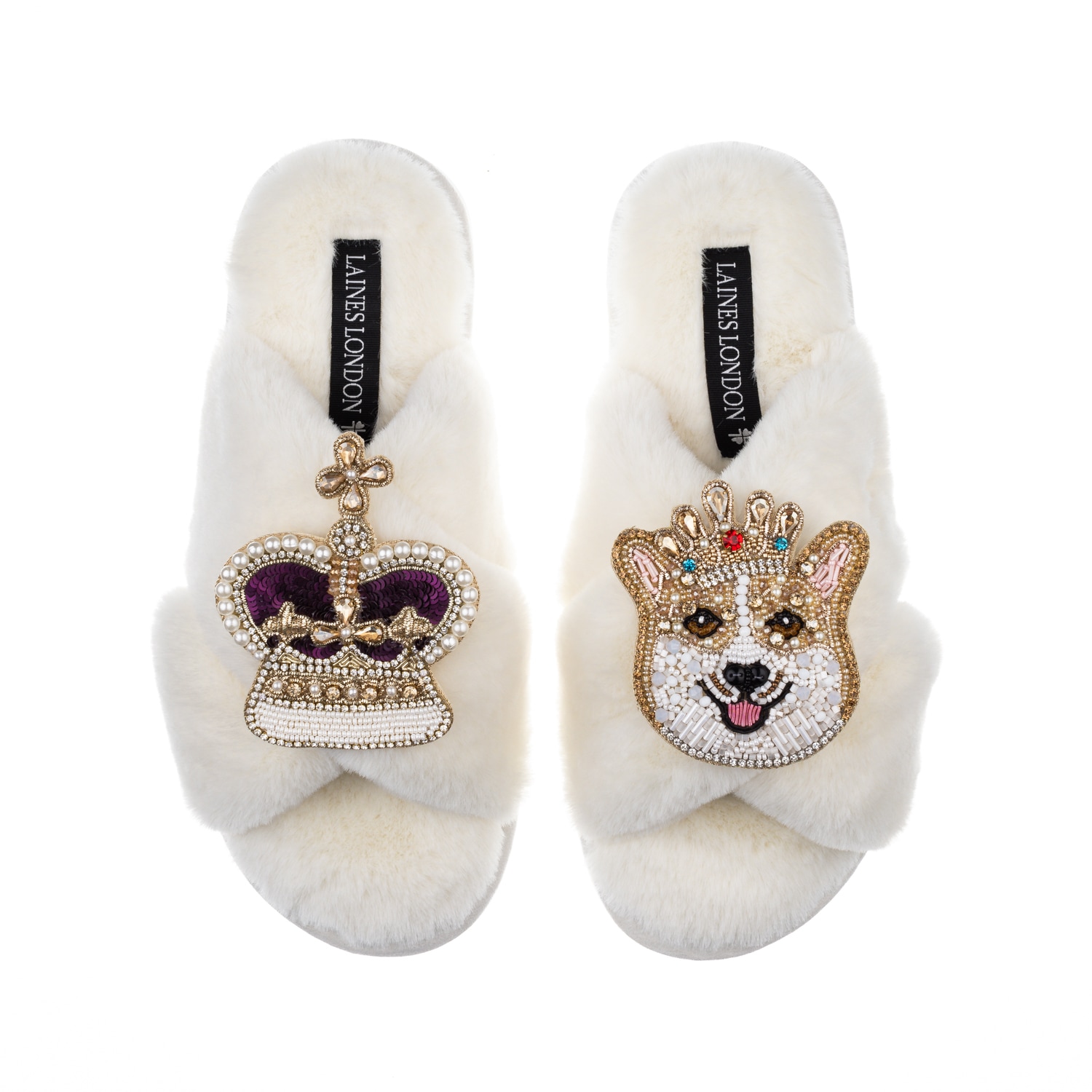 Laines London Women's White Classic Laines Slippers With Artisan Sandy The Corgi & Royal Crown Brooches - Cream In White