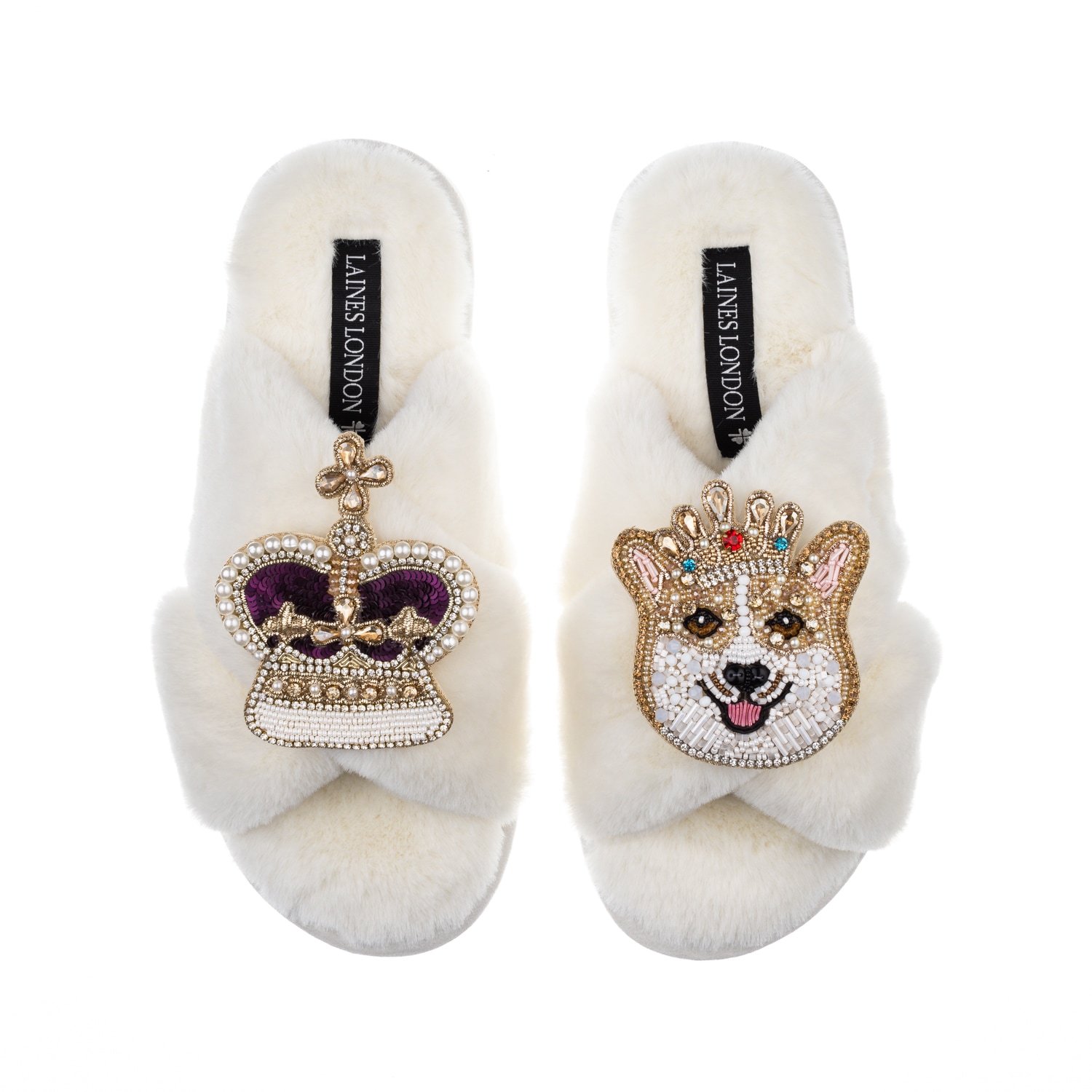 Women’s White Classic Laines Slippers With Artisan Sandy The Corgi & Royal Crown Brooches - Cream Extra Large Laines London