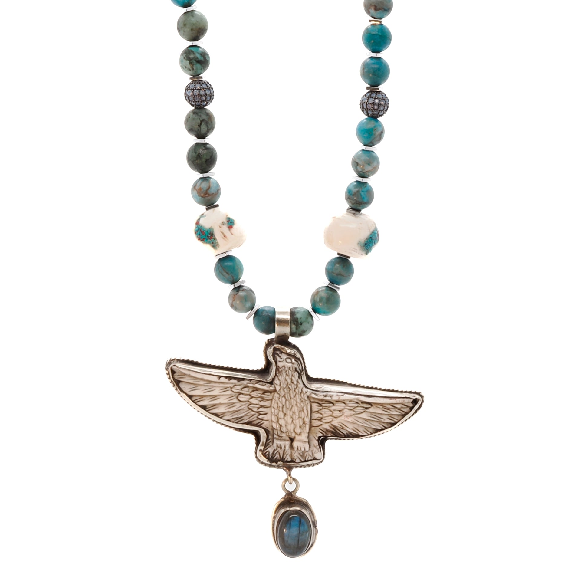 Women’s Blue / White / Silver Hand Carved Eagle Pendant Gemstone & Nepal Beaded Necklace - Silver Ebru Jewelry