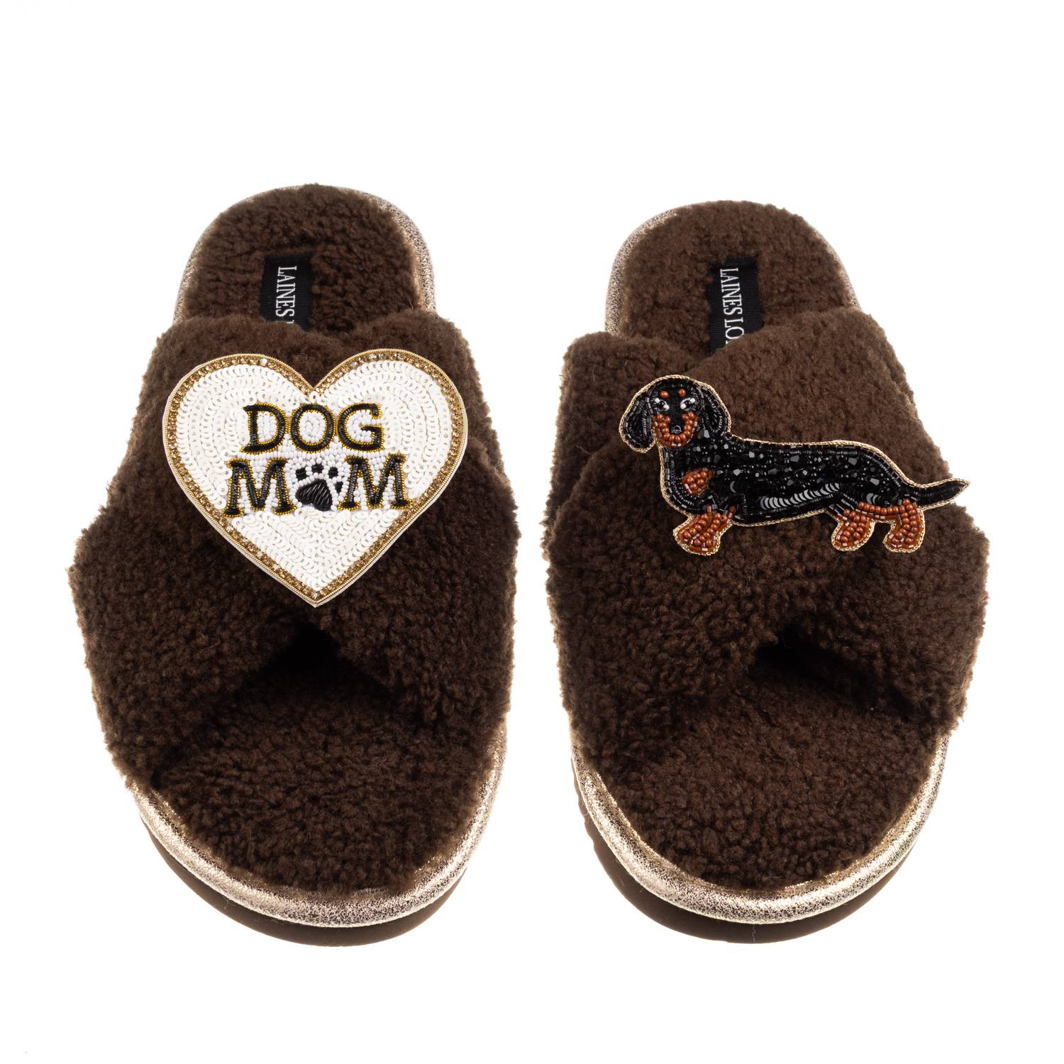 Laines London Women's Brown / Neutrals Boucle Slippers With Dog Mum/mom & Black & Tan Dachshund Brooches - Chocola In Brown