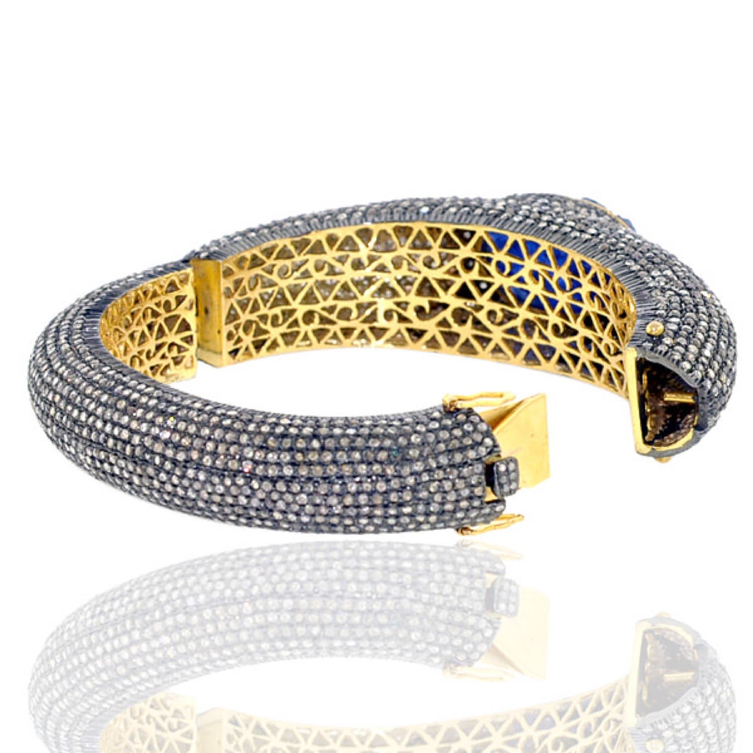 Women’s Silver / Yellow / Orange Pave Diamond 14K Gold 925 Sterling Silver Carved Tanzanite Bangle Jewelry Artisan