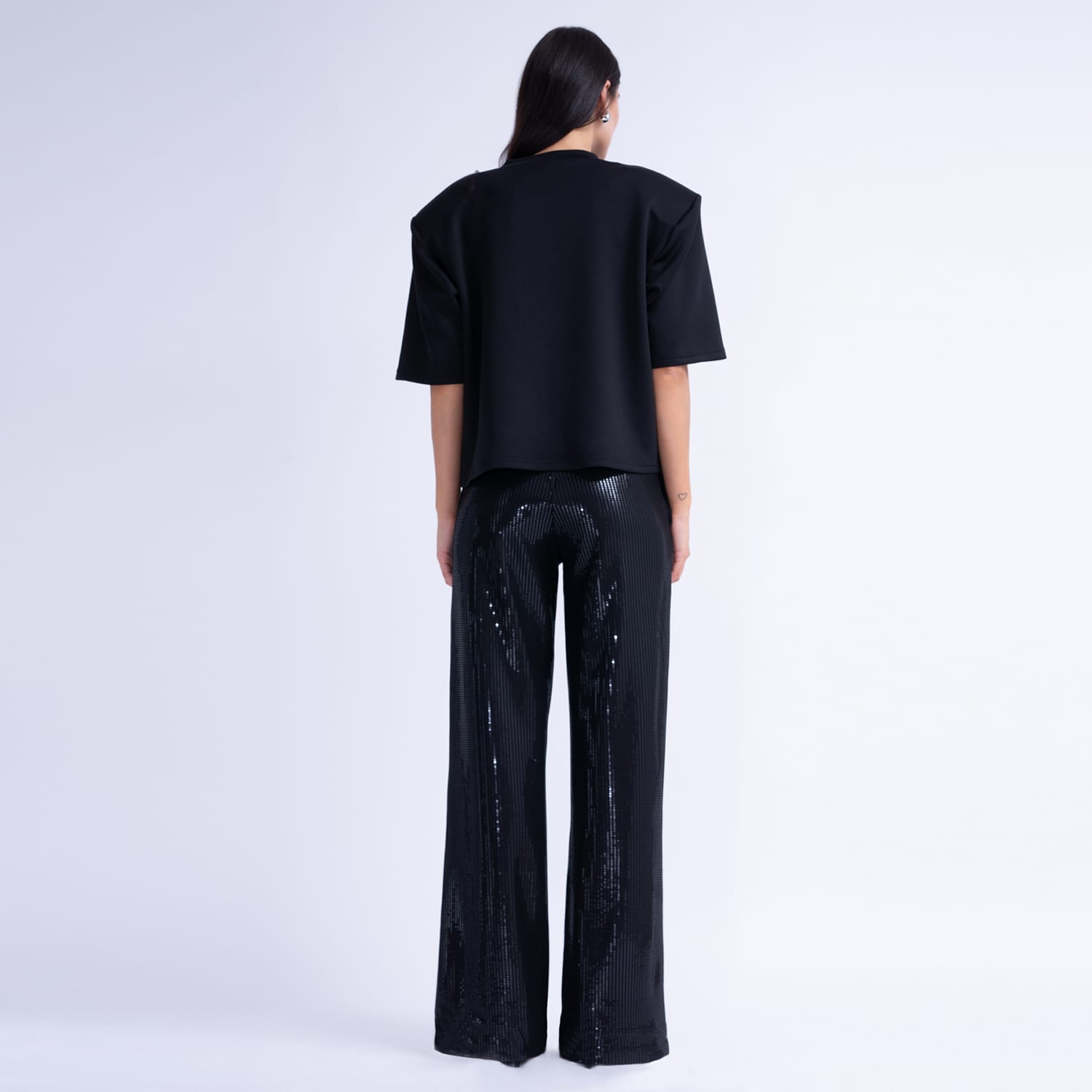 Black Sequin Tailored Wide Leg Pants