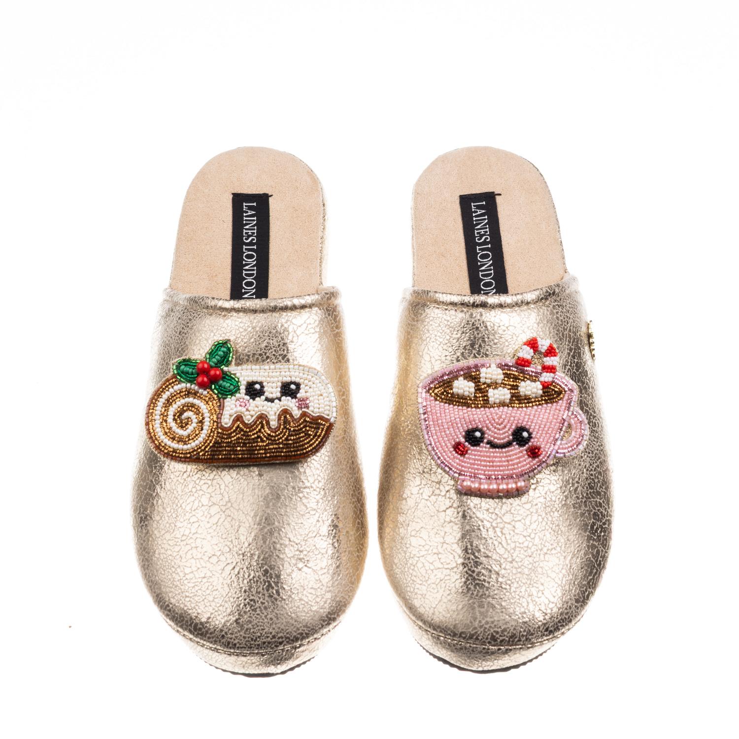 Laines London Women's Gold Softie Slippers With Christmas Lovable Yule Log & Hot Chocolate Brooches In Gold