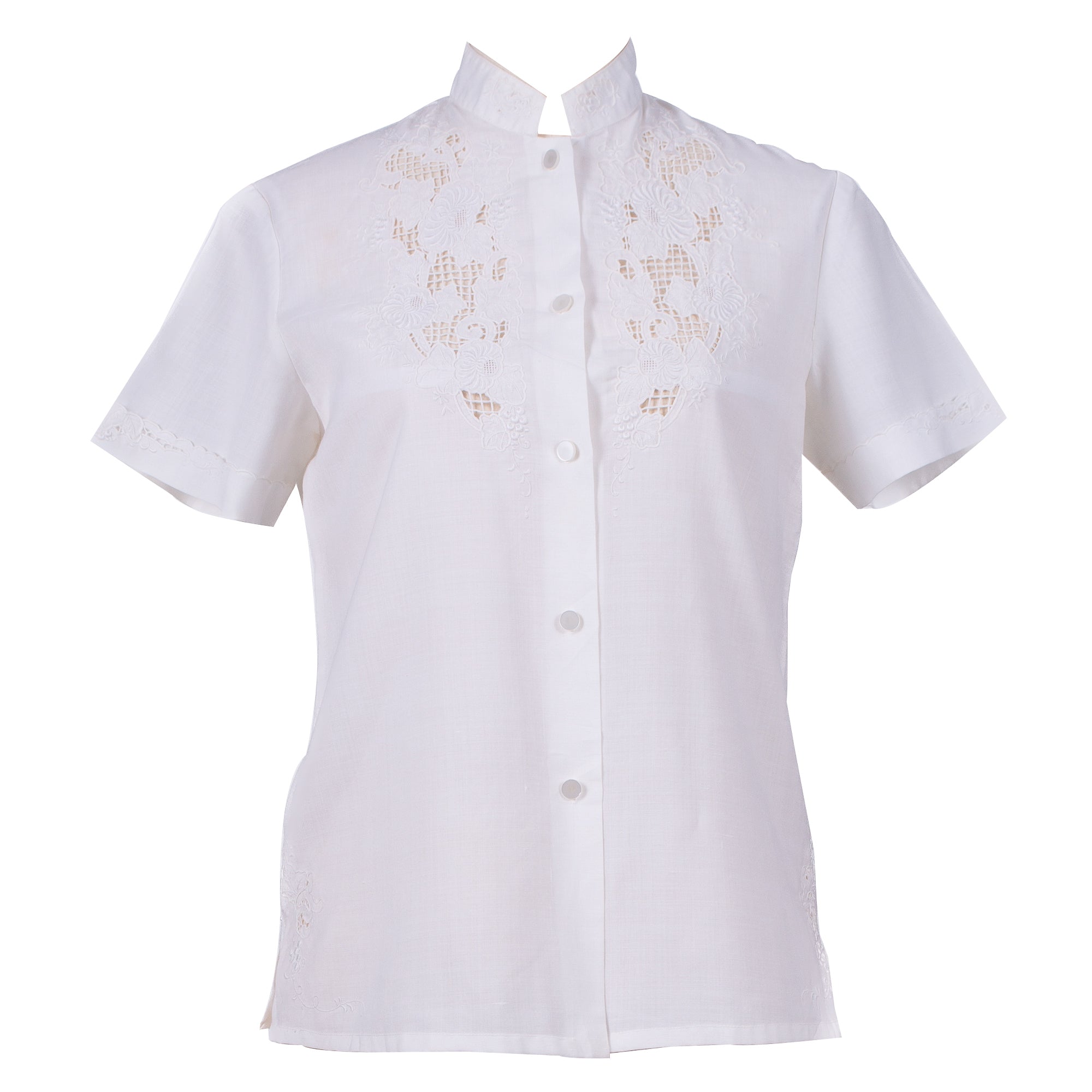 Women’s Embroidered Vintage White Cotton Blouse With Mandarin Collar Small Sugar Cream Vintage