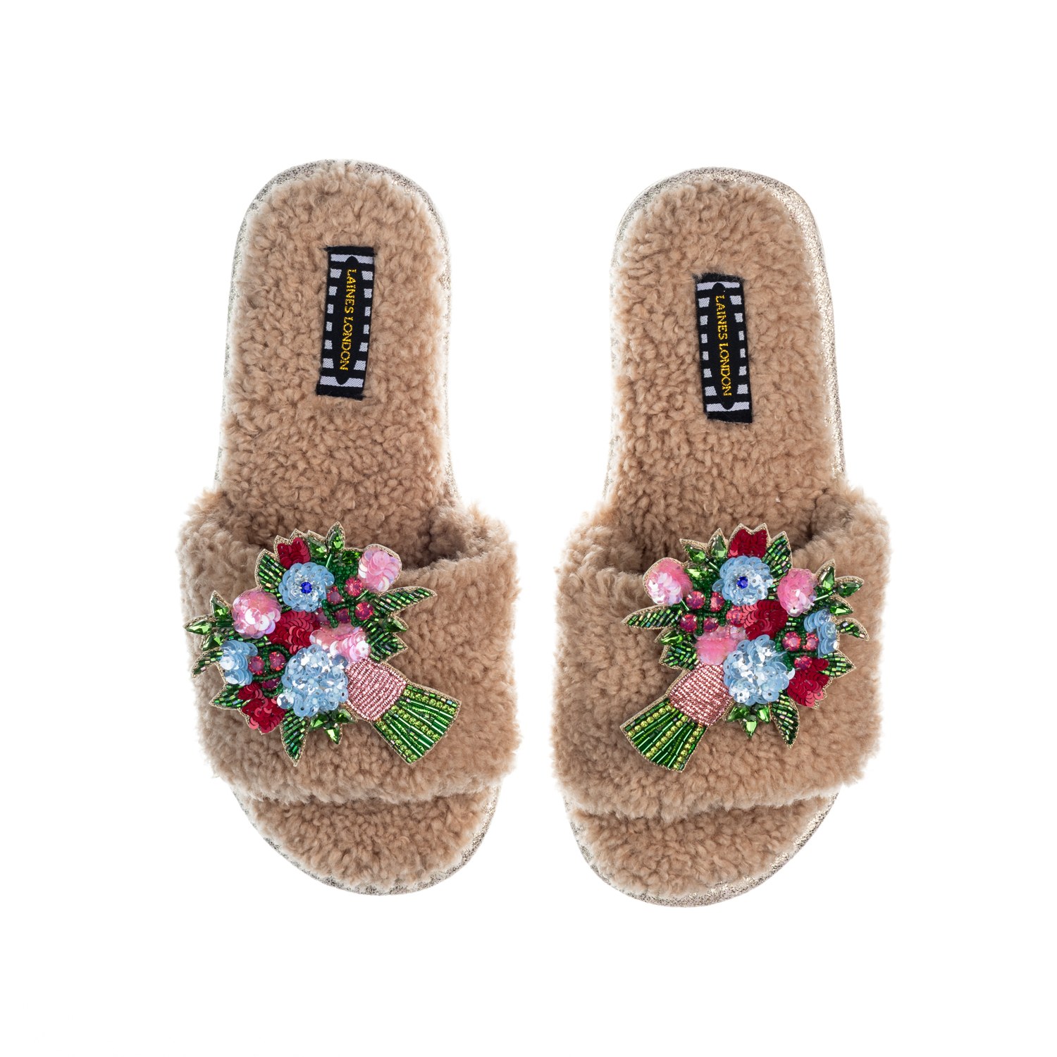 Women’s Brown Teddy Toweling Slipper Sliders With Double Flower Bouquet Brooches - Toffee Small Laines London