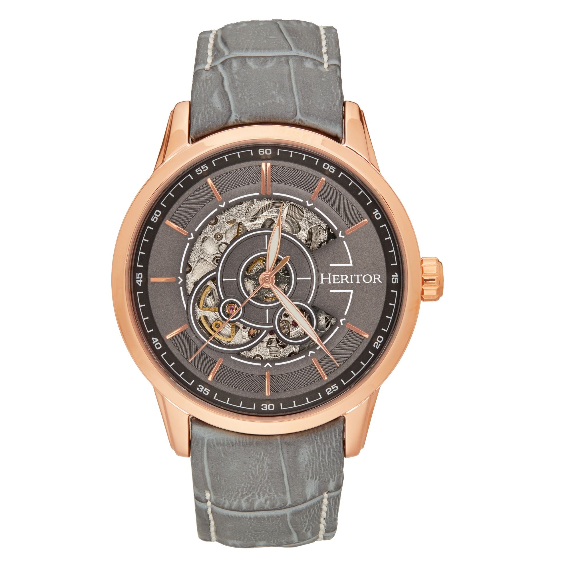 Men’s Davies Semi-Skeleton Leather-Band Watch - Rose Gold One Size Heritor Automatic