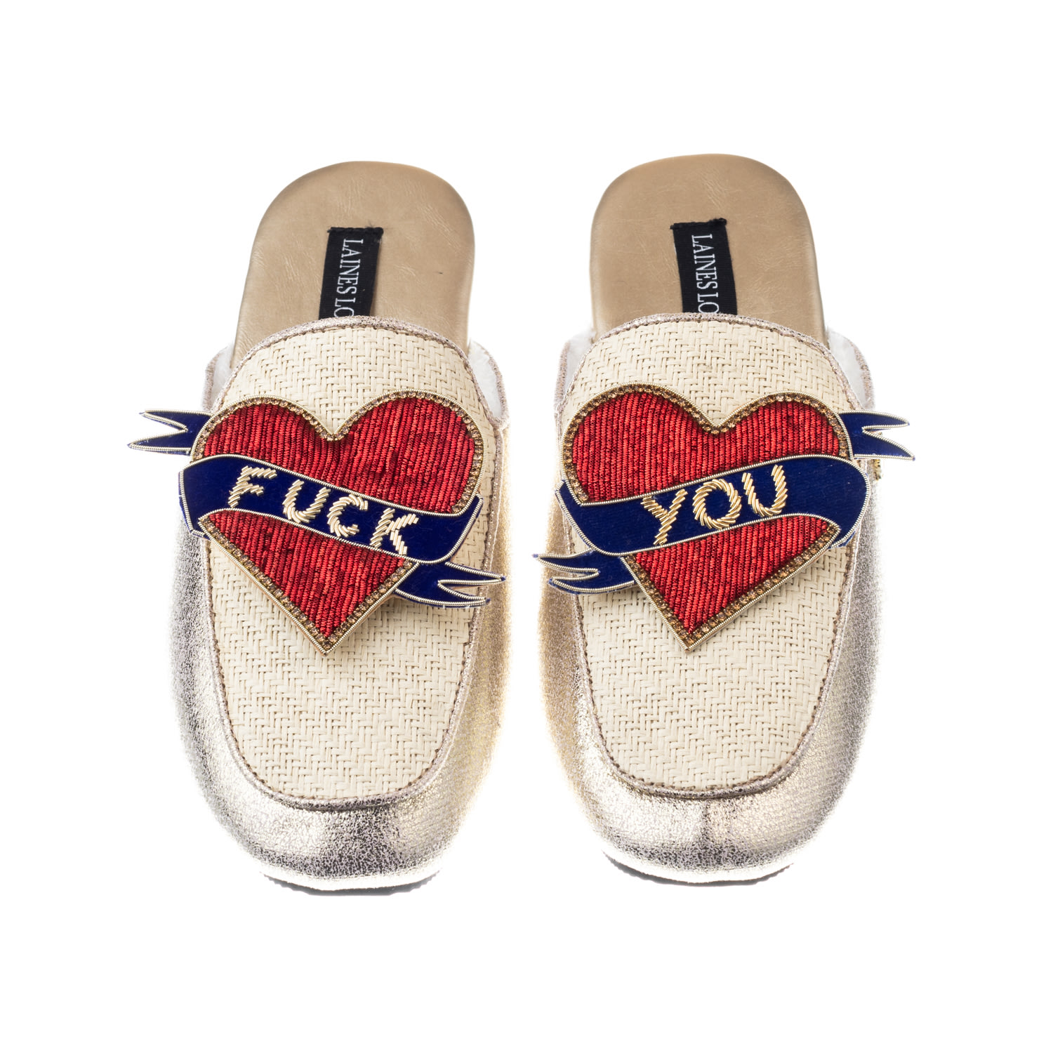 Laines London Women's Neutrals / Gold Classic Mules With Fuck You Brooches - Cream & Gold In Gold