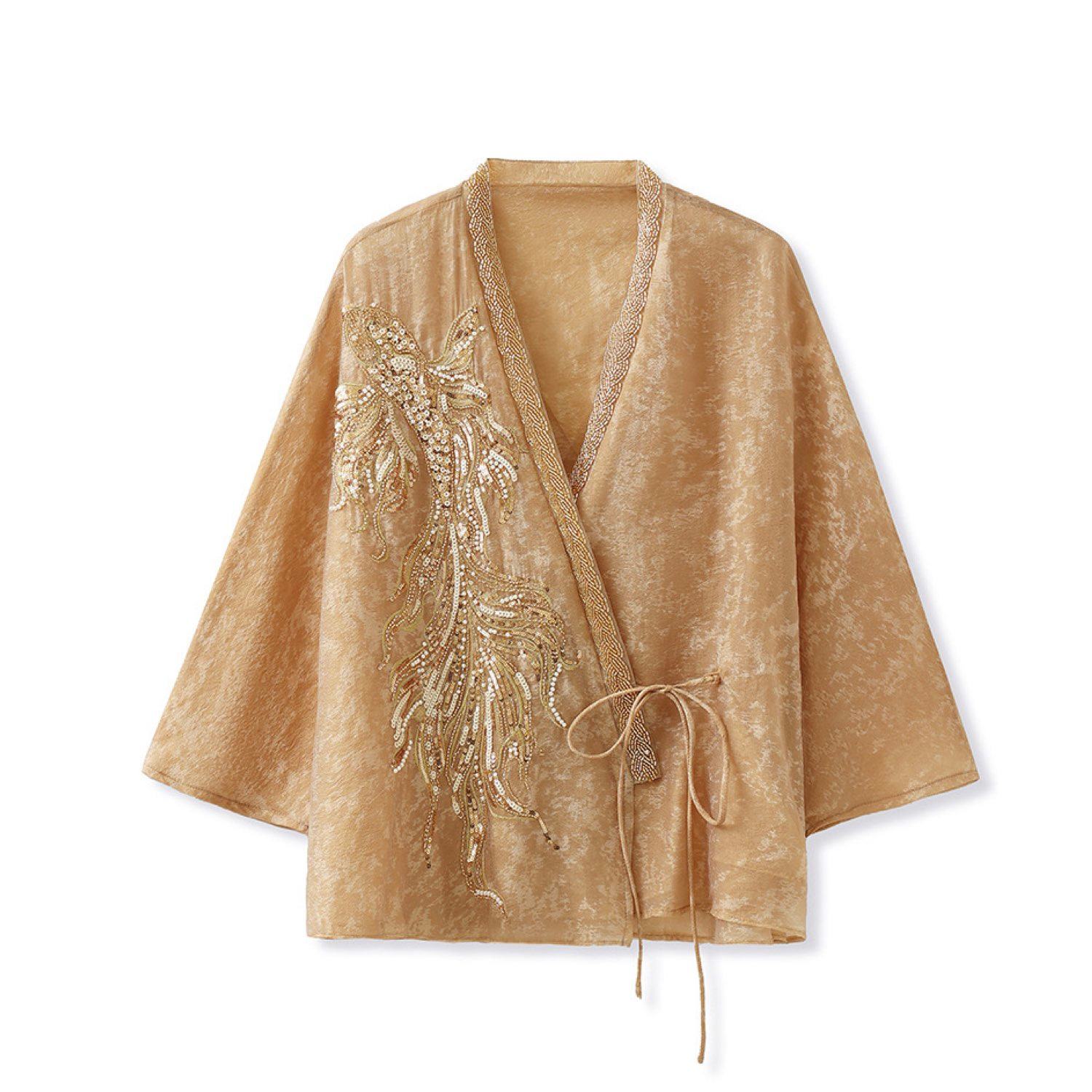 Women's Embroidered Golden Cardigan Jacket Stylish Stitching Autumn Spring | Extra Small | Wjy Studio London