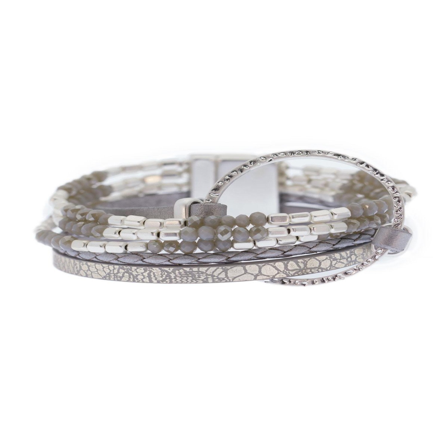 Saachi Women's Grey Leather Beaded Crystal Circle Bracelet In Gray