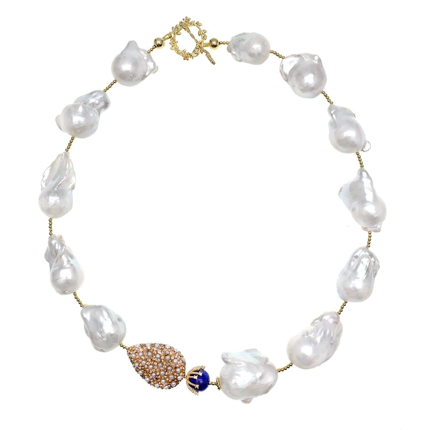 Farra Women's Baroque Pearl With Rhinestones Bordered Pearls & Lapis Short Necklace In Yellow