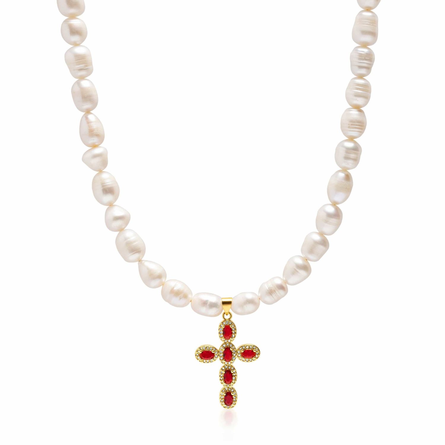 White / Red / Gold Men’s Baroque Pearl Choker With Red Cross Nialaya