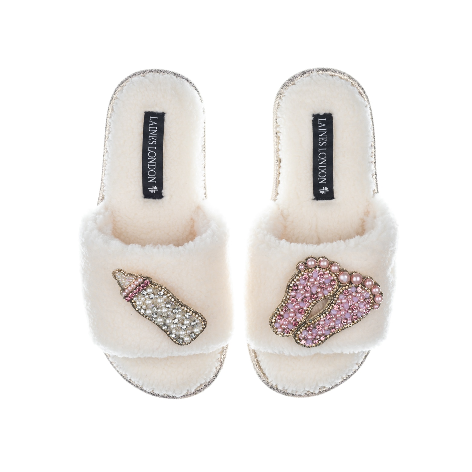 Women’s White Teddy Towelling Slipper Sliders With New Baby Girl Brooches - Cream Large Laines London