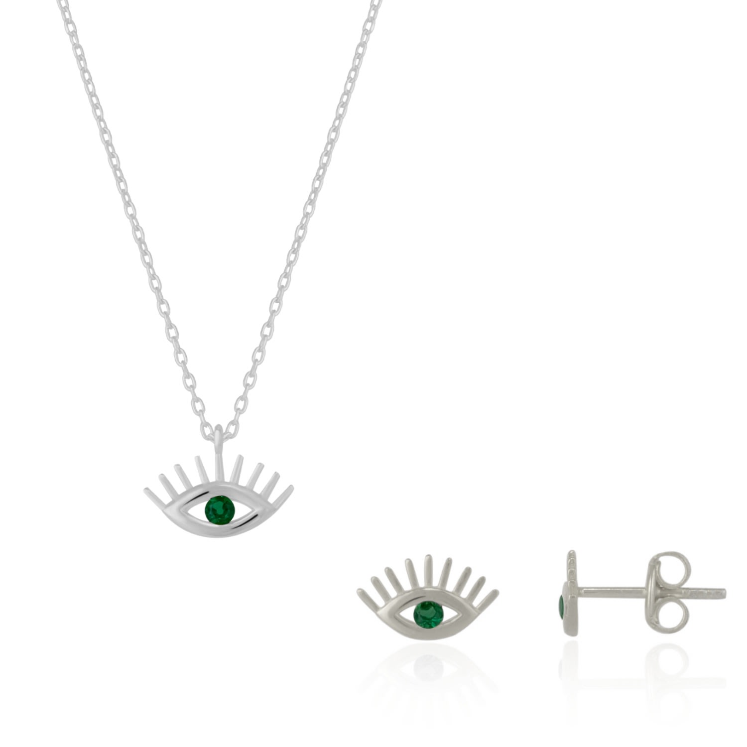 Spero London Women's Emerald Eye Evil Eye Sterling Silver Necklace & Stud Earring Set - Silver