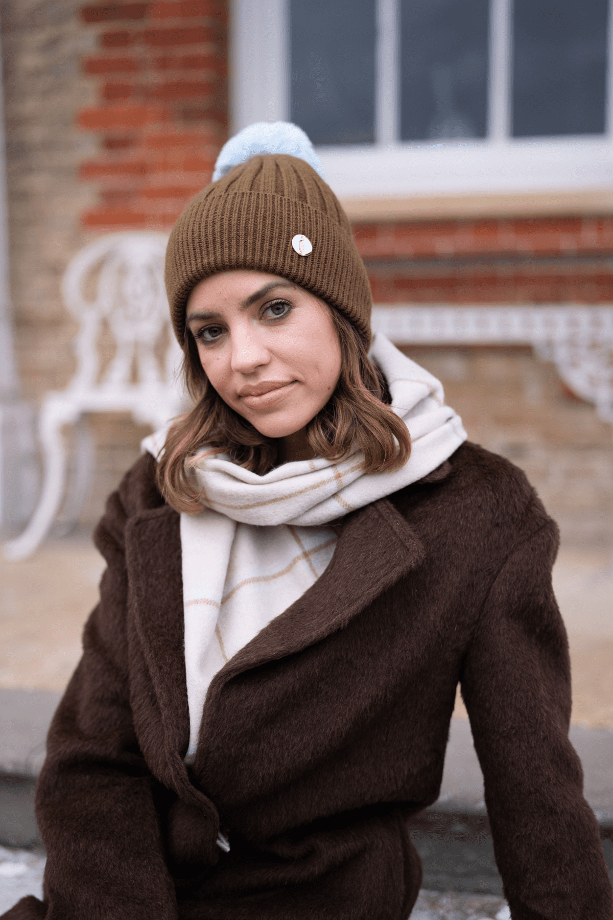 Ribbed Cashmere Beanie Olive With Blue Pom Pom | Hortons 