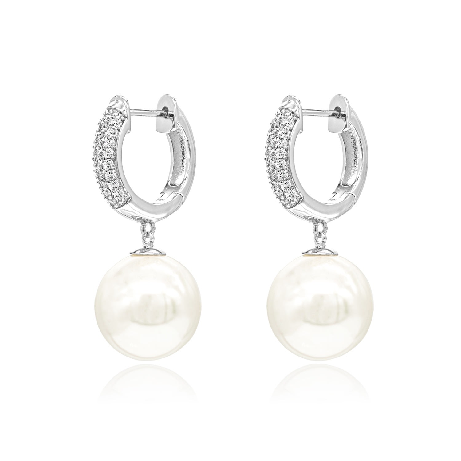 Women’s Silver Pav Huggie Hoop Solitaire Pearl Drop Earrings Classicharms