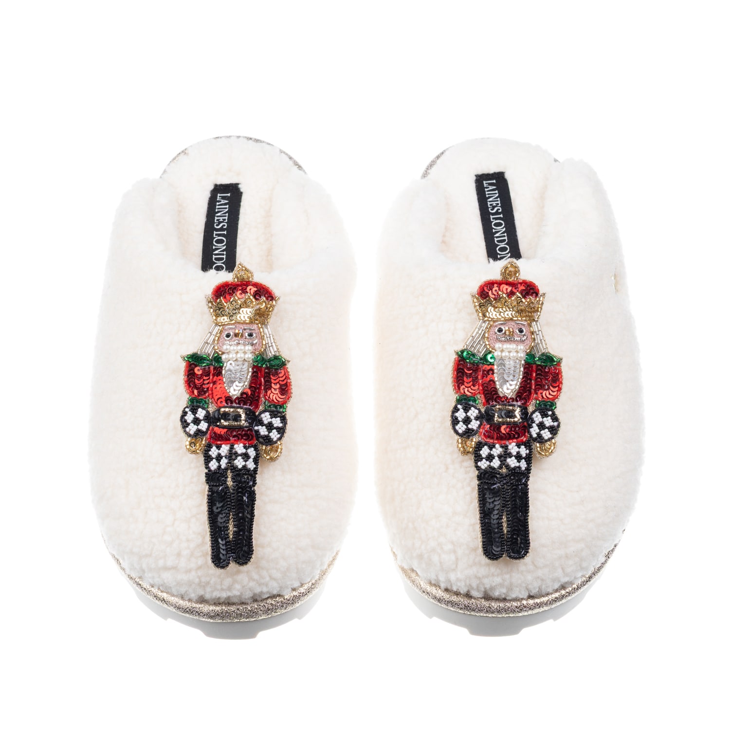 Laines London Women's Neutrals / White Teddy Closed Toe Slippers With Double Red Grand Nutcrackers Brooches - Crea In White