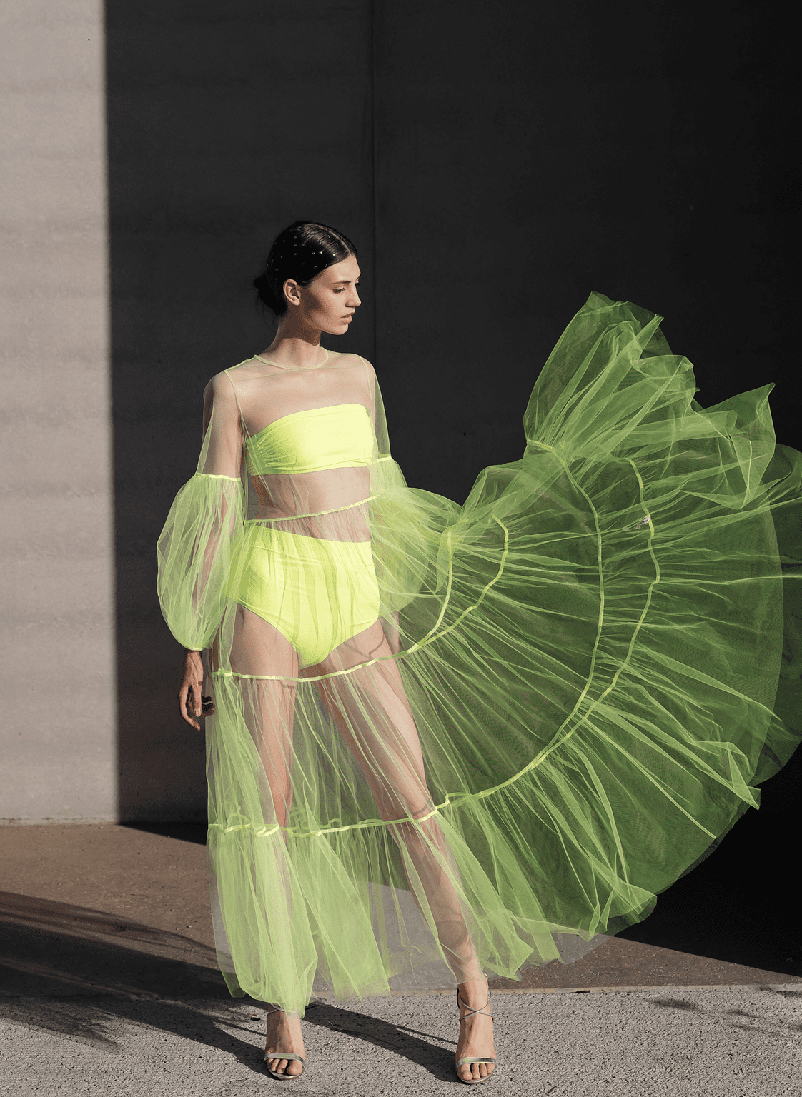 Alena Maxi Tulle Dress Neon-Yellow | Helene Galwas | Wolf & Badger