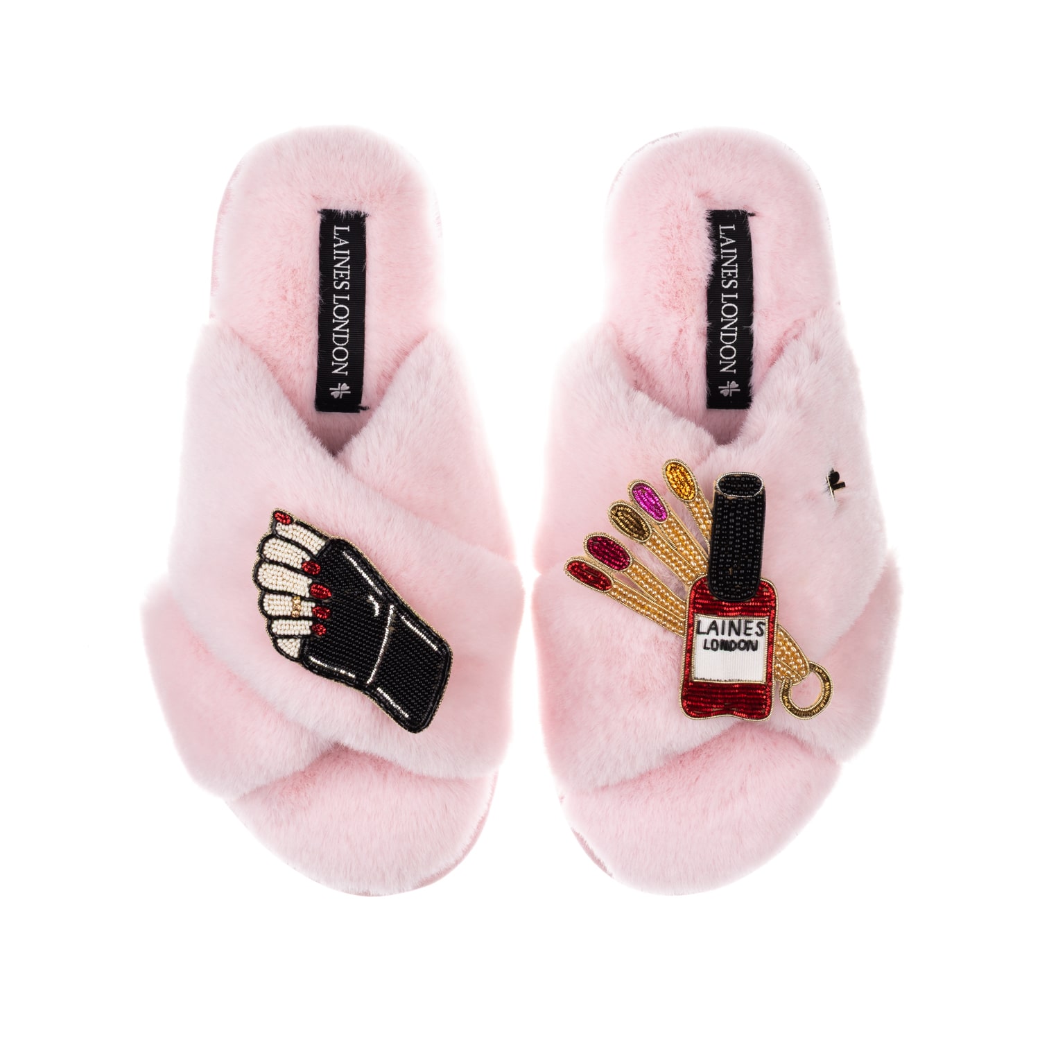 Women's Classic Laines Slippers With Sand Nail Tech Brooches - Pink | Medium | Laines London