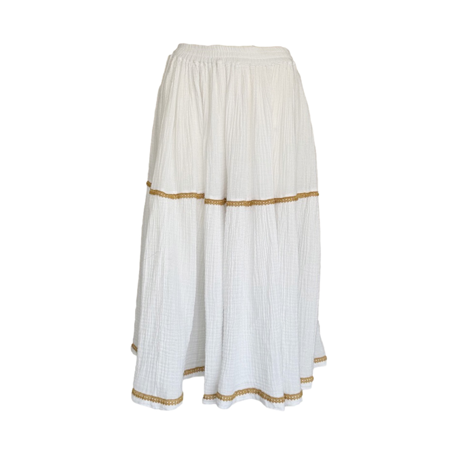 Women's Midi Skirt In Textured Cotton With Lace Trims White | Medium | Haris Cotton