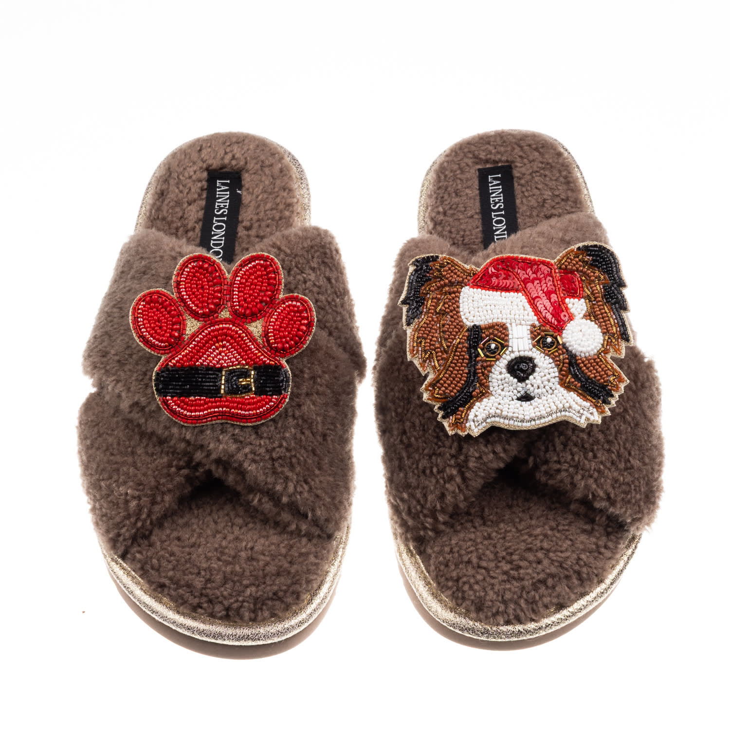 Laines London Women's Brown / Neutrals Laines Boucle Slippers With Christmas Papillon & Paw Brooches - Mink In Brown