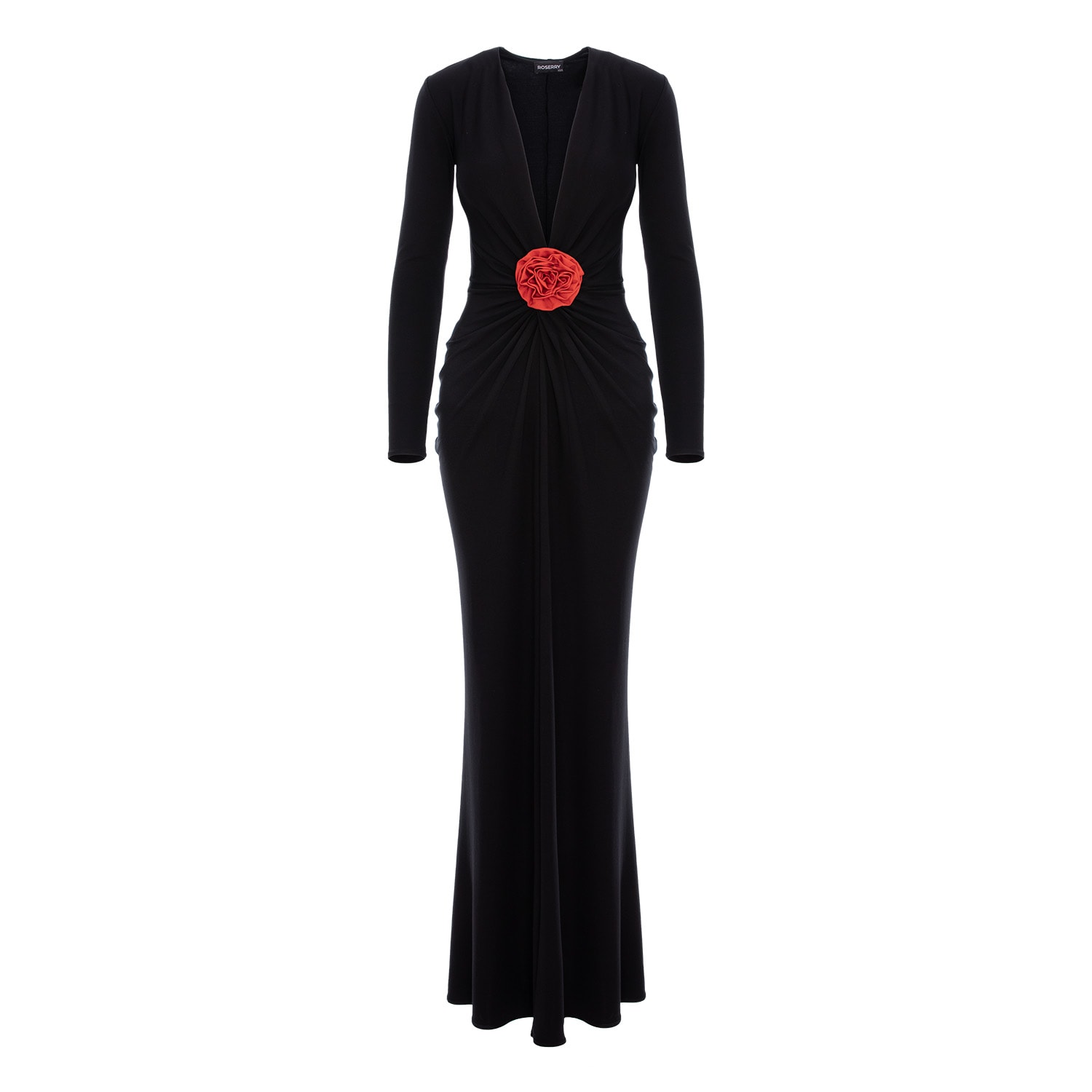 Roserry Women's Black Mallorca Jersey Maxi Dress With Red Fixed Rosette Detail In Black
