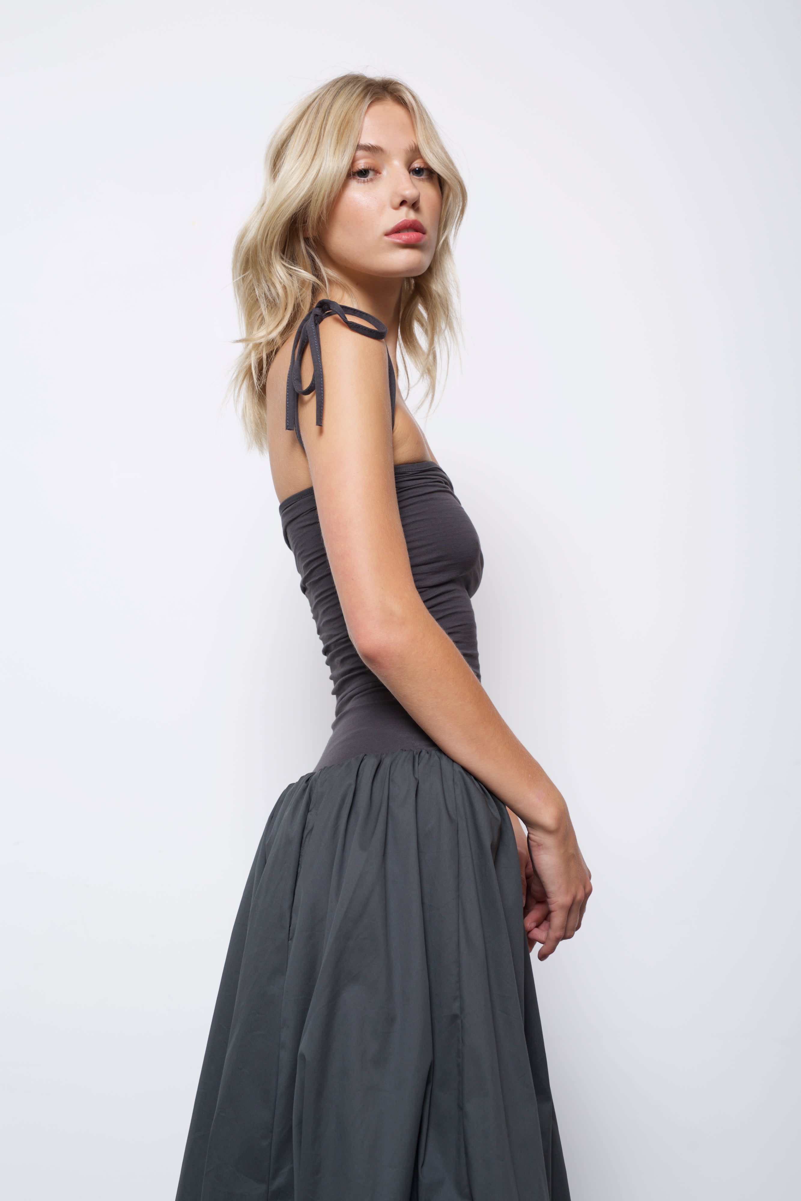 slim fit dress slacks Asymmetric Diamante Strap Satin Dress / Slate Grey – Style Cheat main image 0