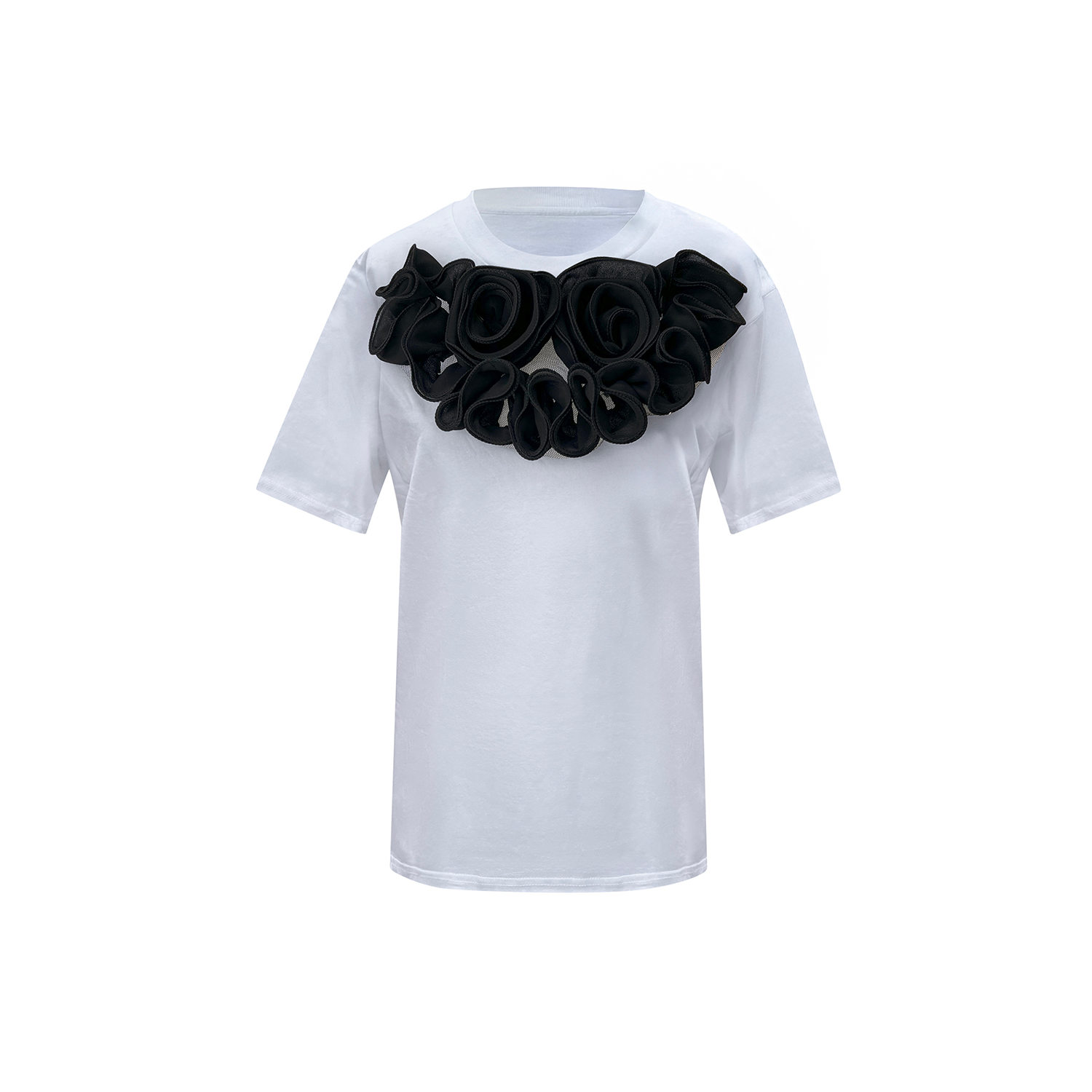 Toma Women's Flower Summer White Cotton T-shirt With Black Central Flowers