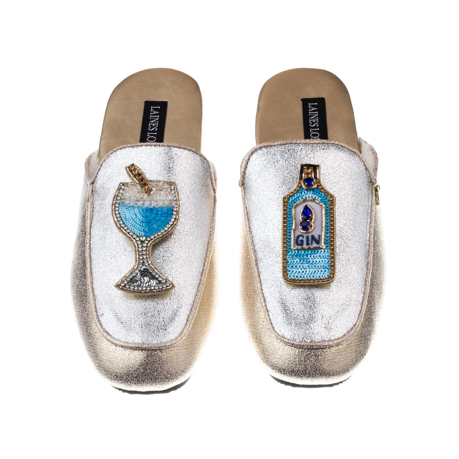 Women’s Gold / Silver Classic Mules With Blue Sapphire Gin Brooches - Silver & Gold Extra Large Laines London