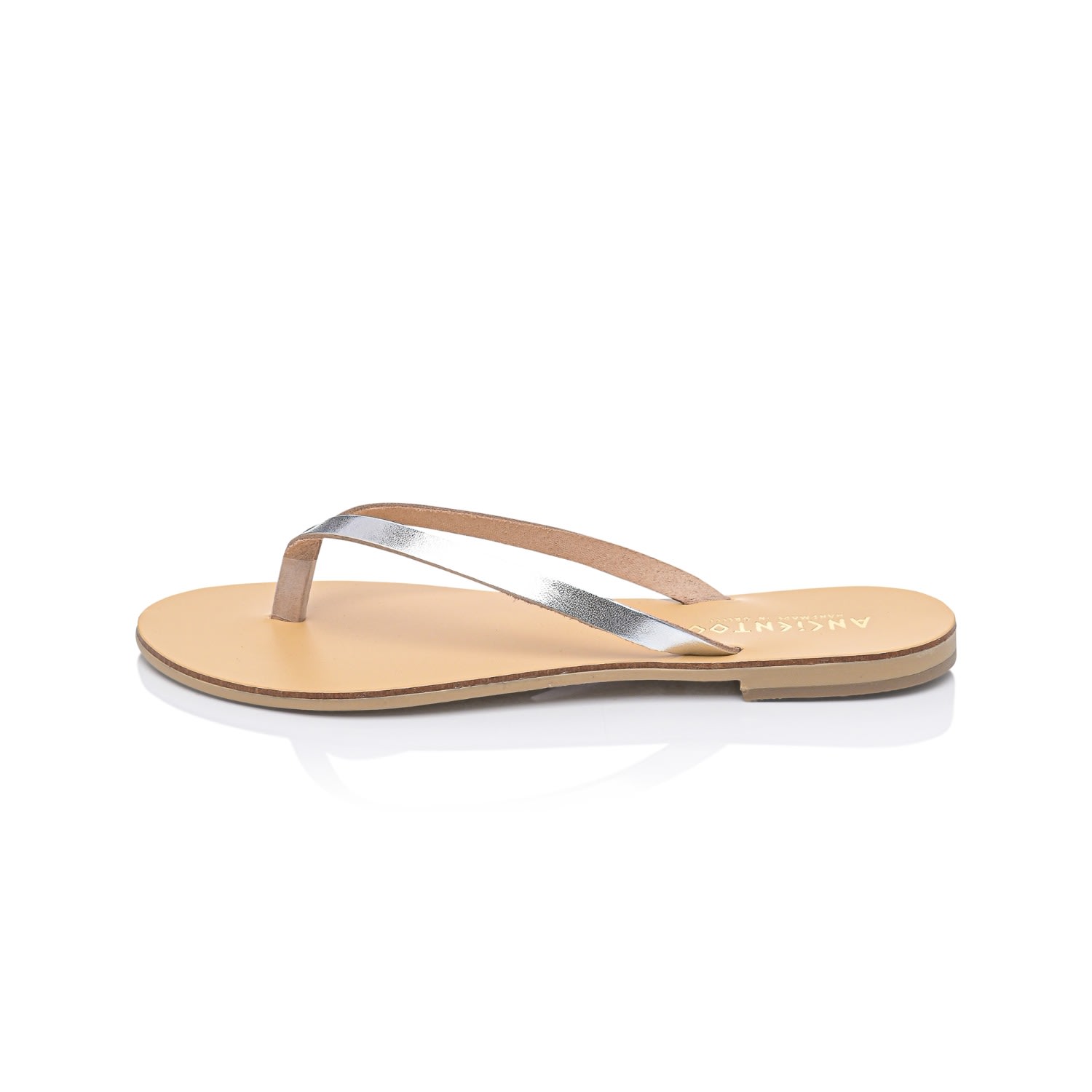 Ancientoo Neutrals / Silver Achelois Silver/nude Handcrafted Leather Flip Flop Sandal For Women