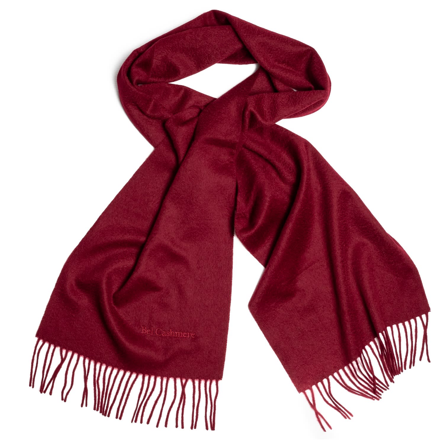 BEL CASHMERE WOMEN'S RED CASHMERE SCARF WITH FRINGES BURGUNDY