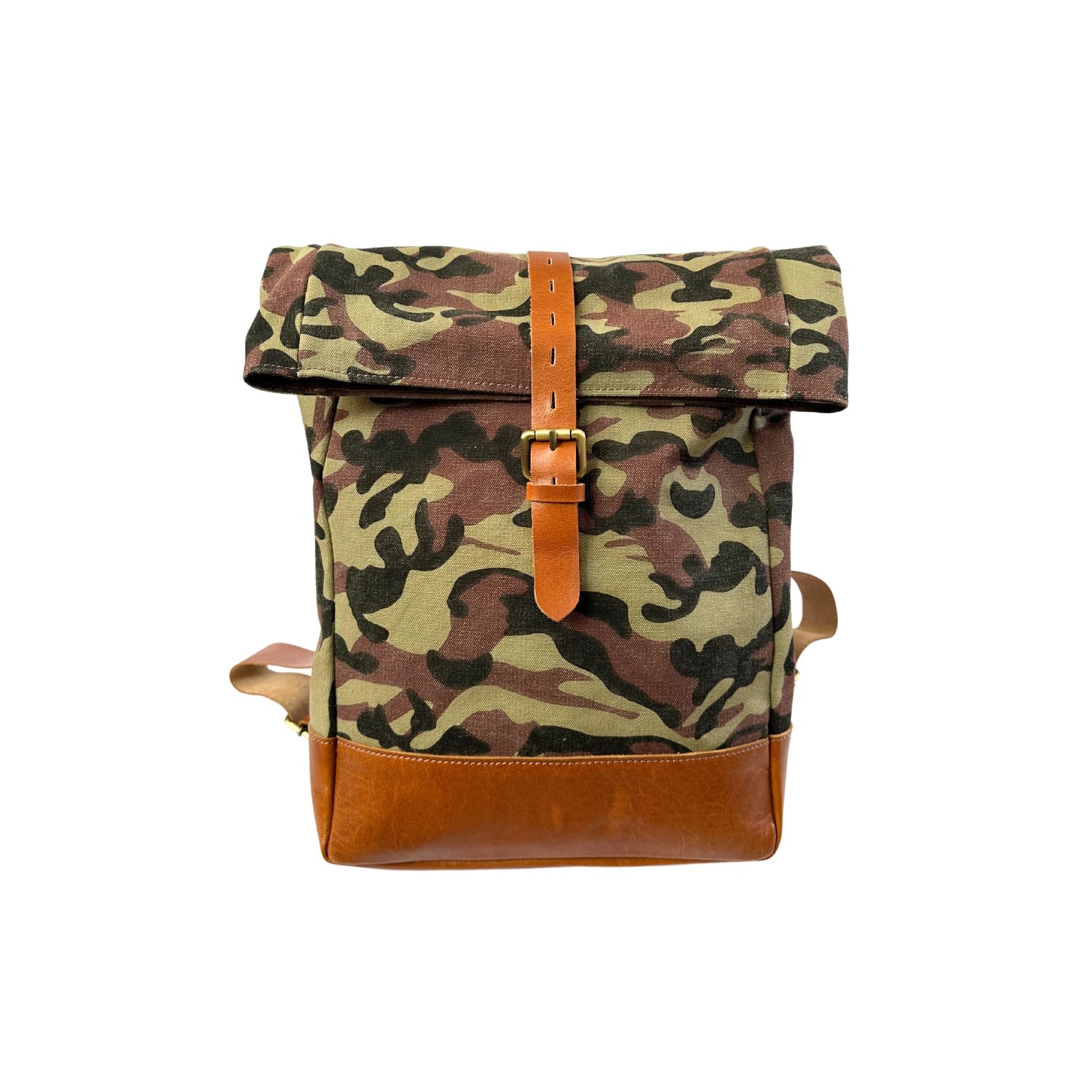 Women's Camo Canvas And Leather Roll Top Backpack - Green | Vida Vida
