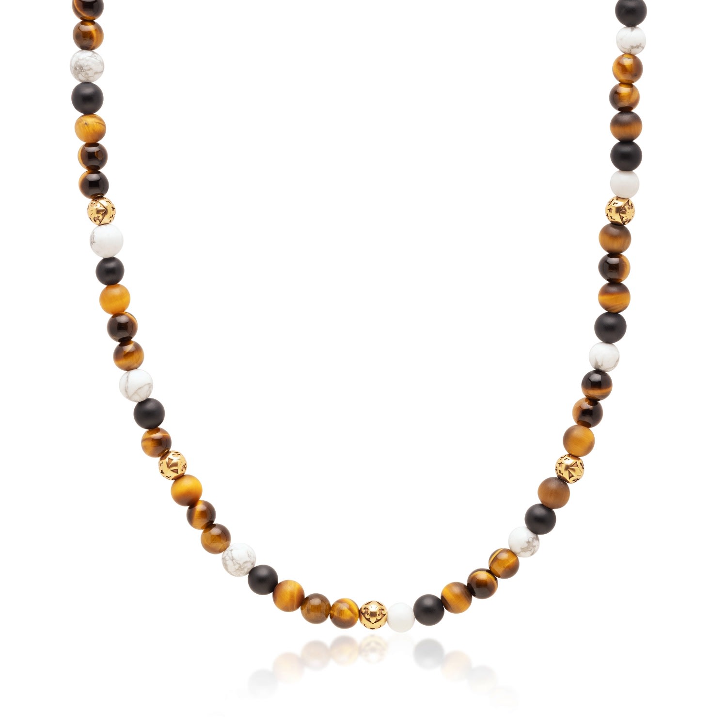 Nialaya Men's Brown / Gold / Black Beaded Necklace With Brown Tiger Eye, Howlite, And Onyx In Brown/gold/black