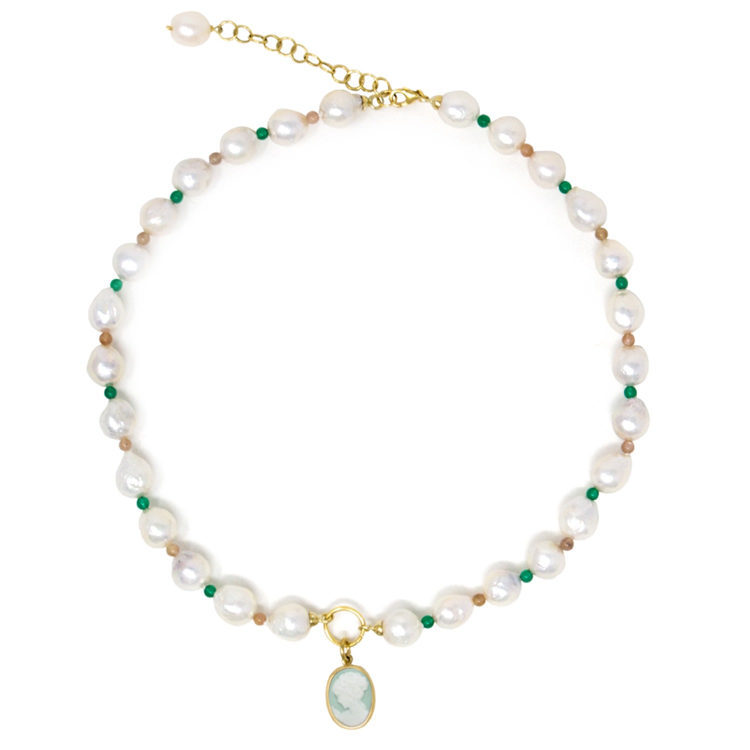 Women’s Little Lovelies Gold-Plated Pearl & Bead Green Cameo Necklace Vintouch Italy