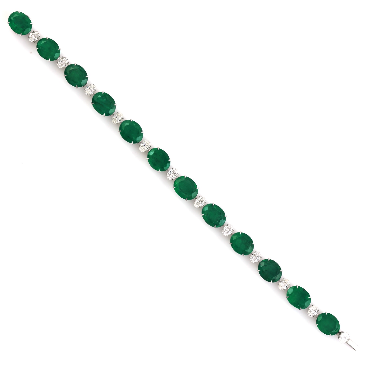 Women’s White / Green Oval Cut Diamond & Emerald Gemstone In 18K White Gold Designer Bracelet Artisan