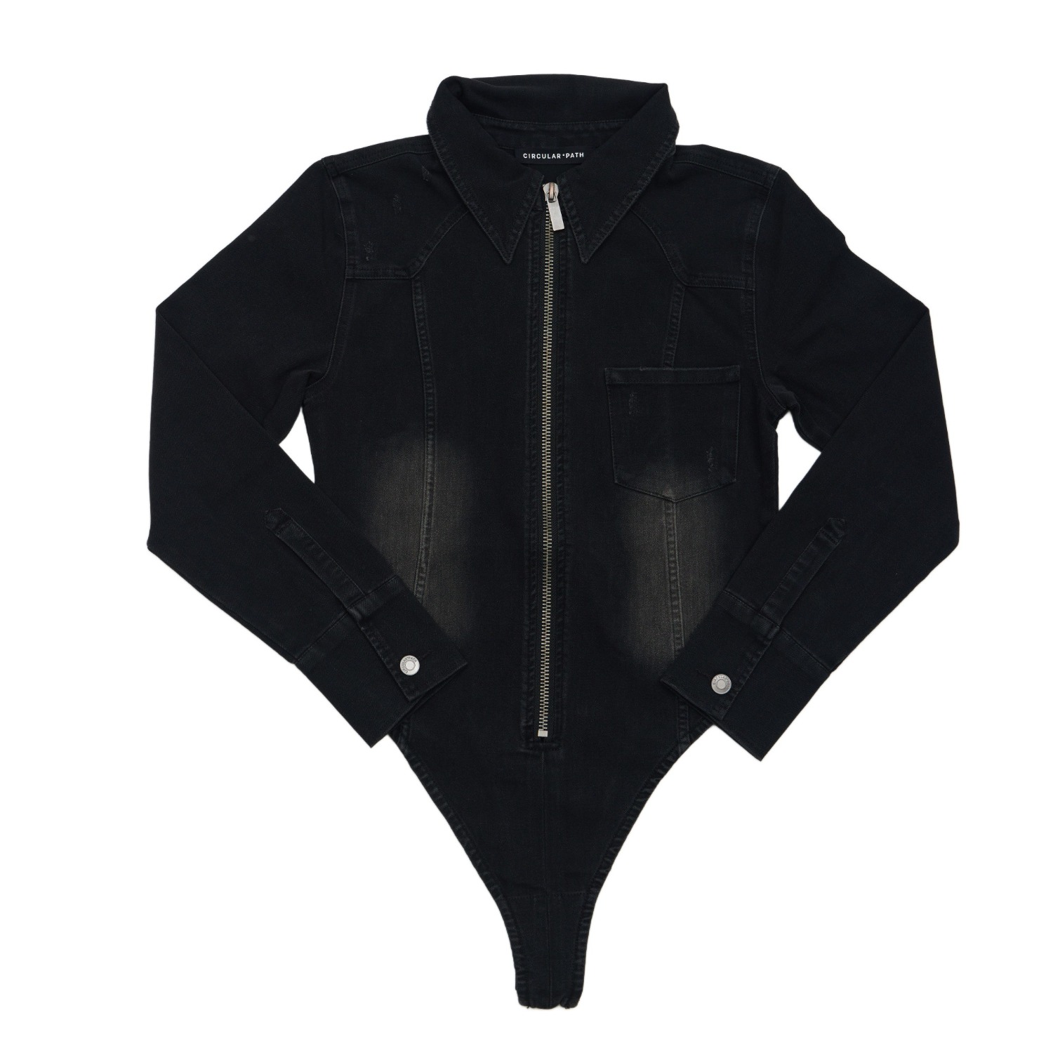 Circular Path Women's Black Denim Bodysuit In Black
