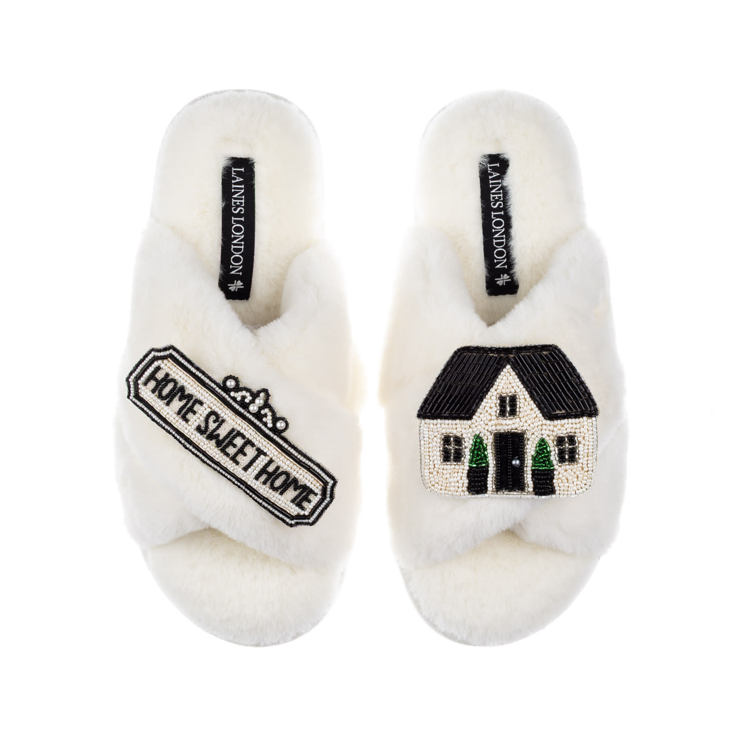 Women's Neutrals / White Classic Laines Slippers With Home Sweet Home Brooches - Cream | Extra Large | Laines London
