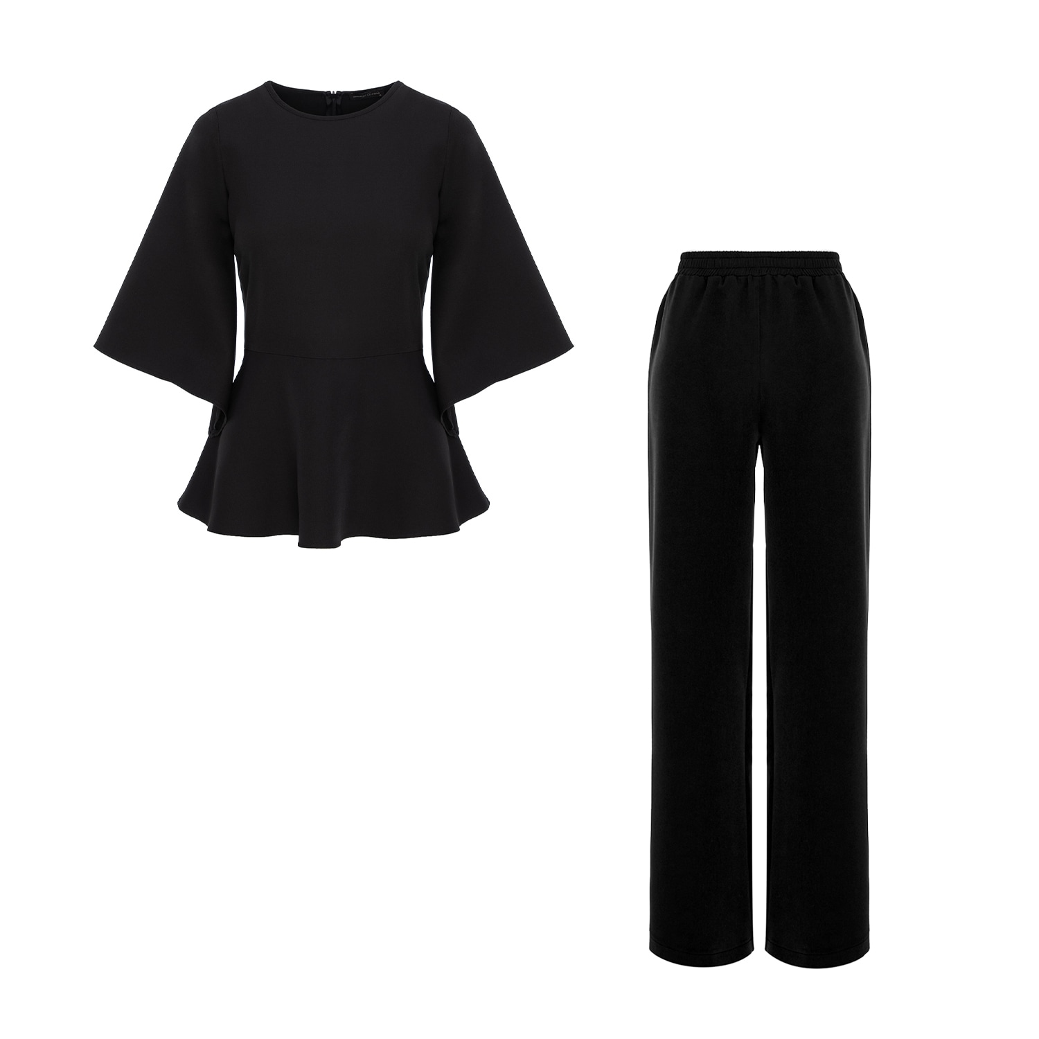 Concept A Trois Black Set: Peplum Top And Wide Leg Pants With Pockets