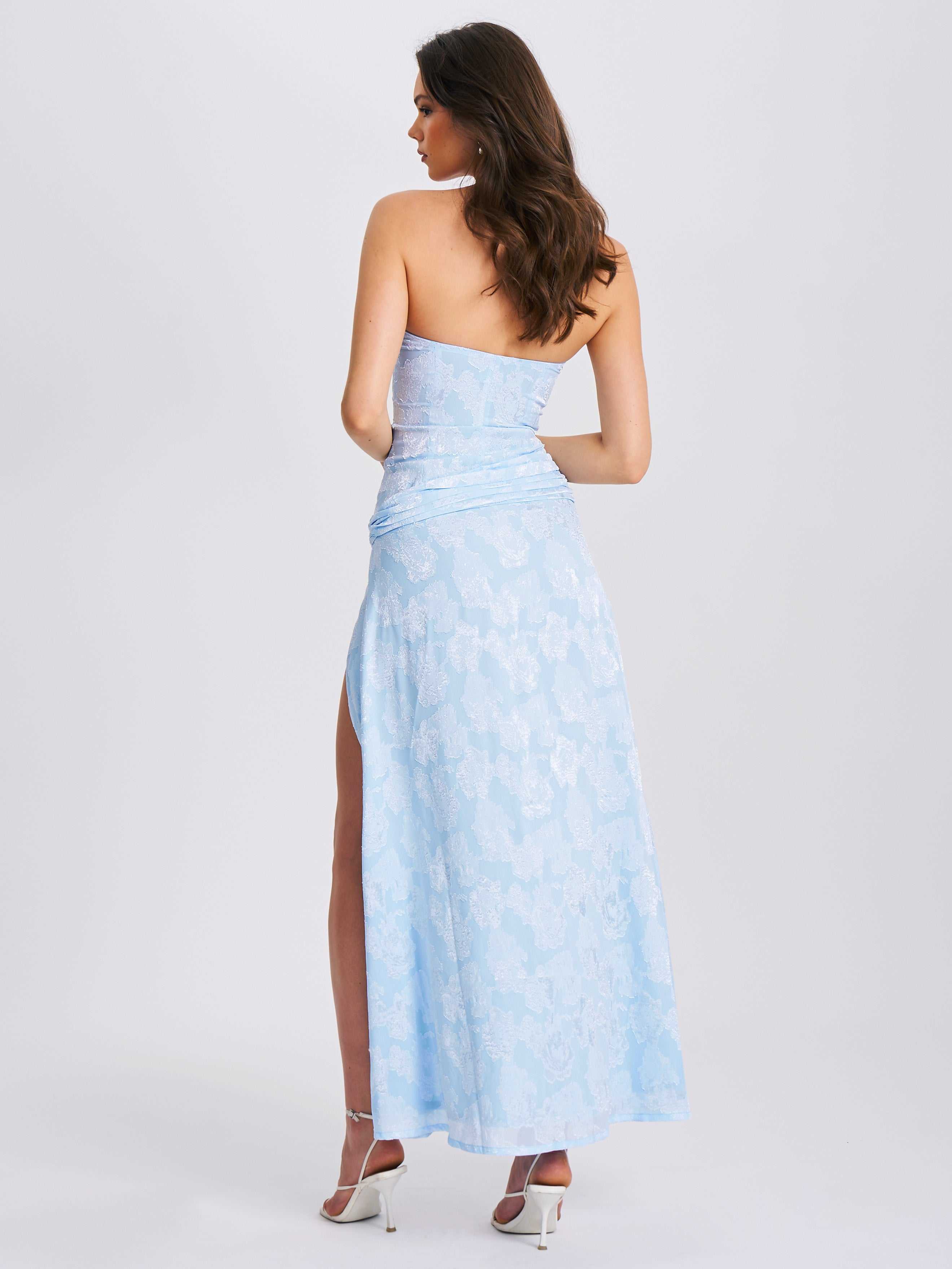 xatia off white jacquard textured high slit maxi dress Baby Blue by Miss Circle New York Engagement Ring