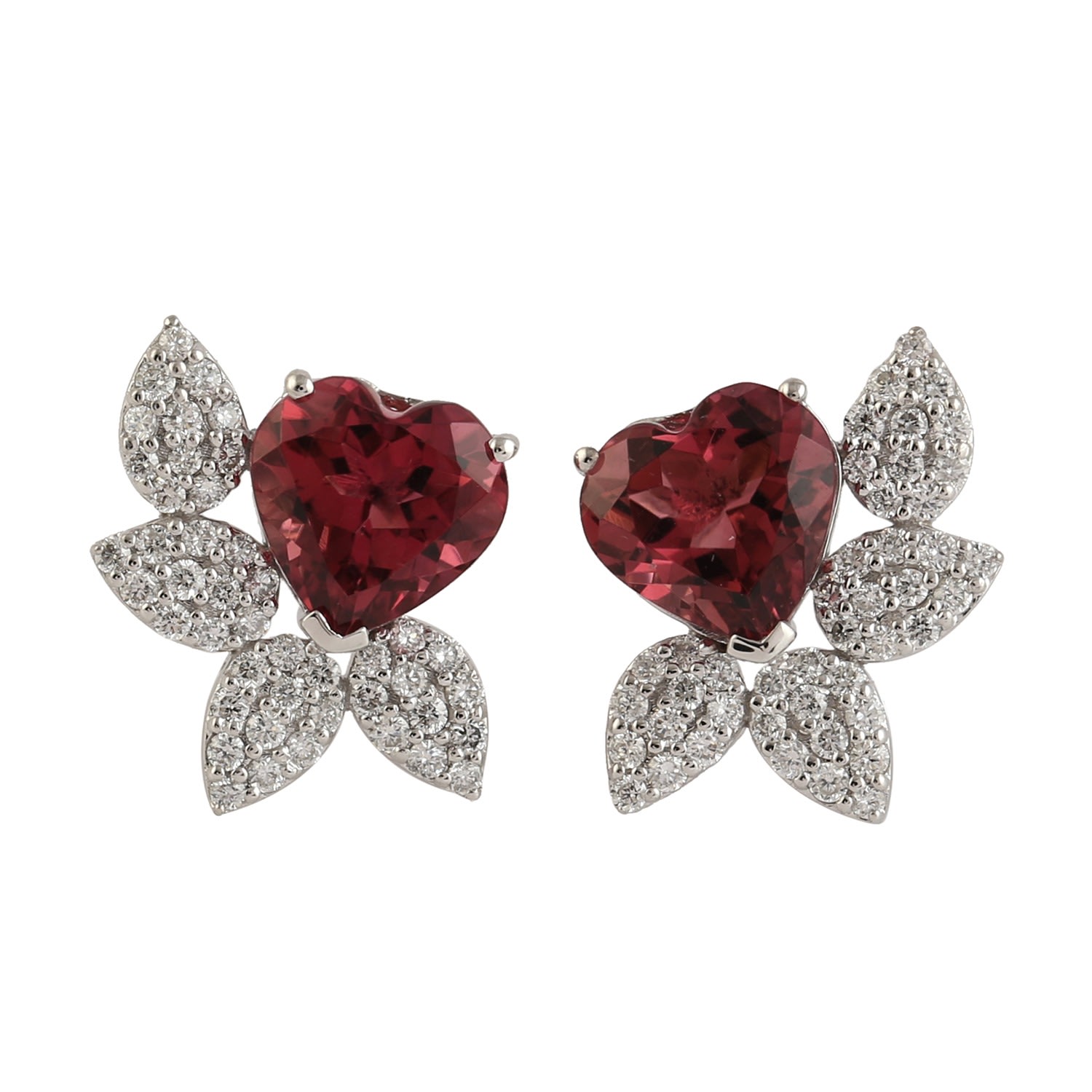 Artisan Women's Pink / White 18k White Gold Pink Tourmaline & Diamond Heart Earrings In Metallic