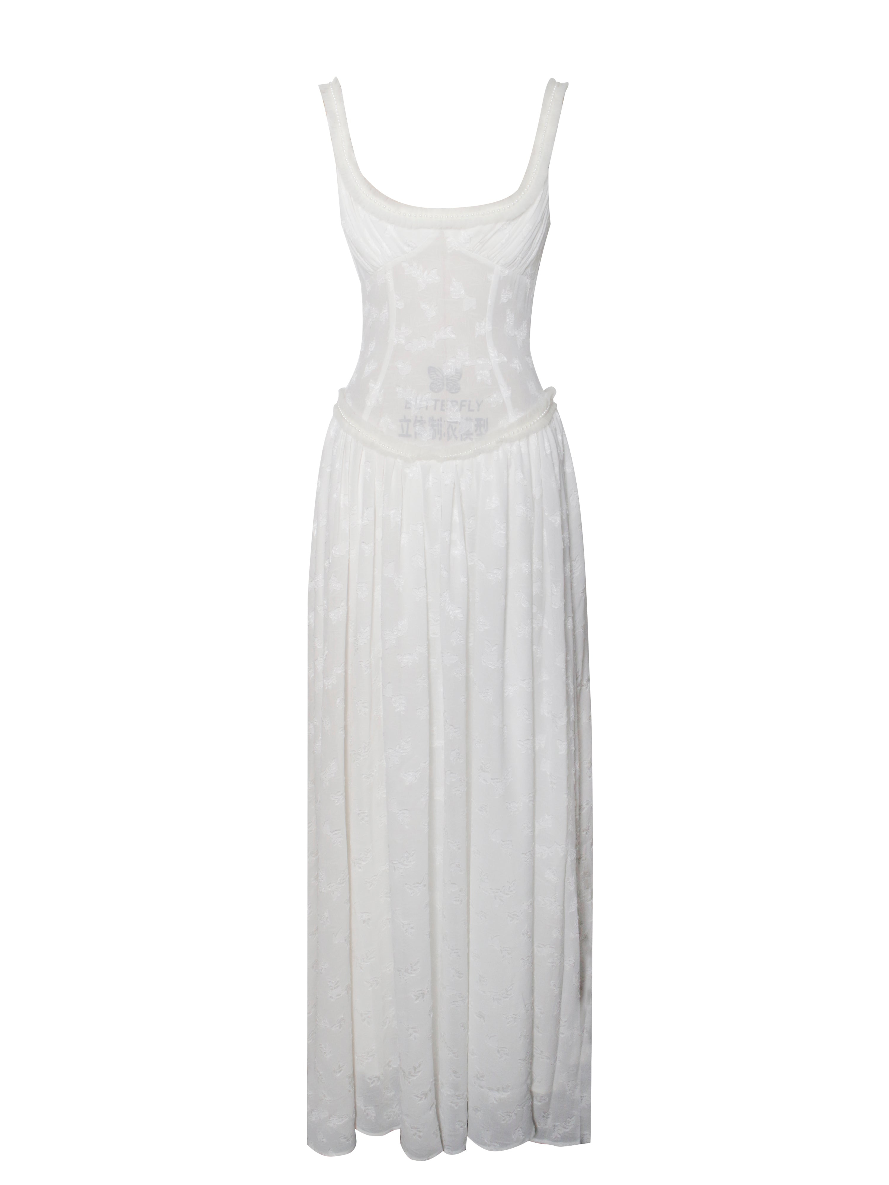 Miss Circle New York Women's Ulissa White Square Neck Jacquard Textured High Slit Maxi Dress