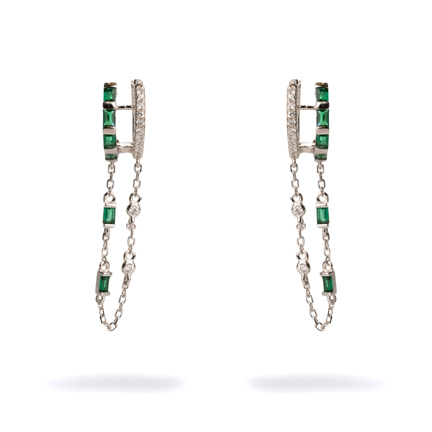 Ebru Jewelry Women's Green / Silver Emerald Stone Design Sterling Silver & Diamond Dangle Earrings - Green