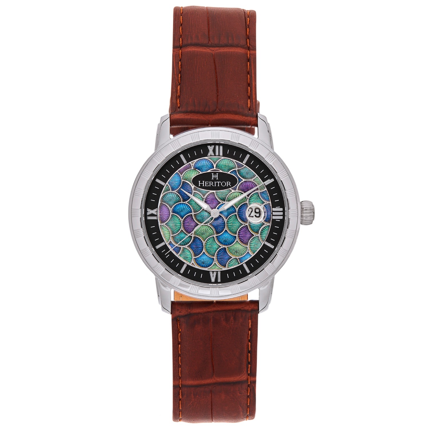 Men’s Brown / Silver Protégé Leather-Band Watch With Date - Brown, Silver Heritor Automatic