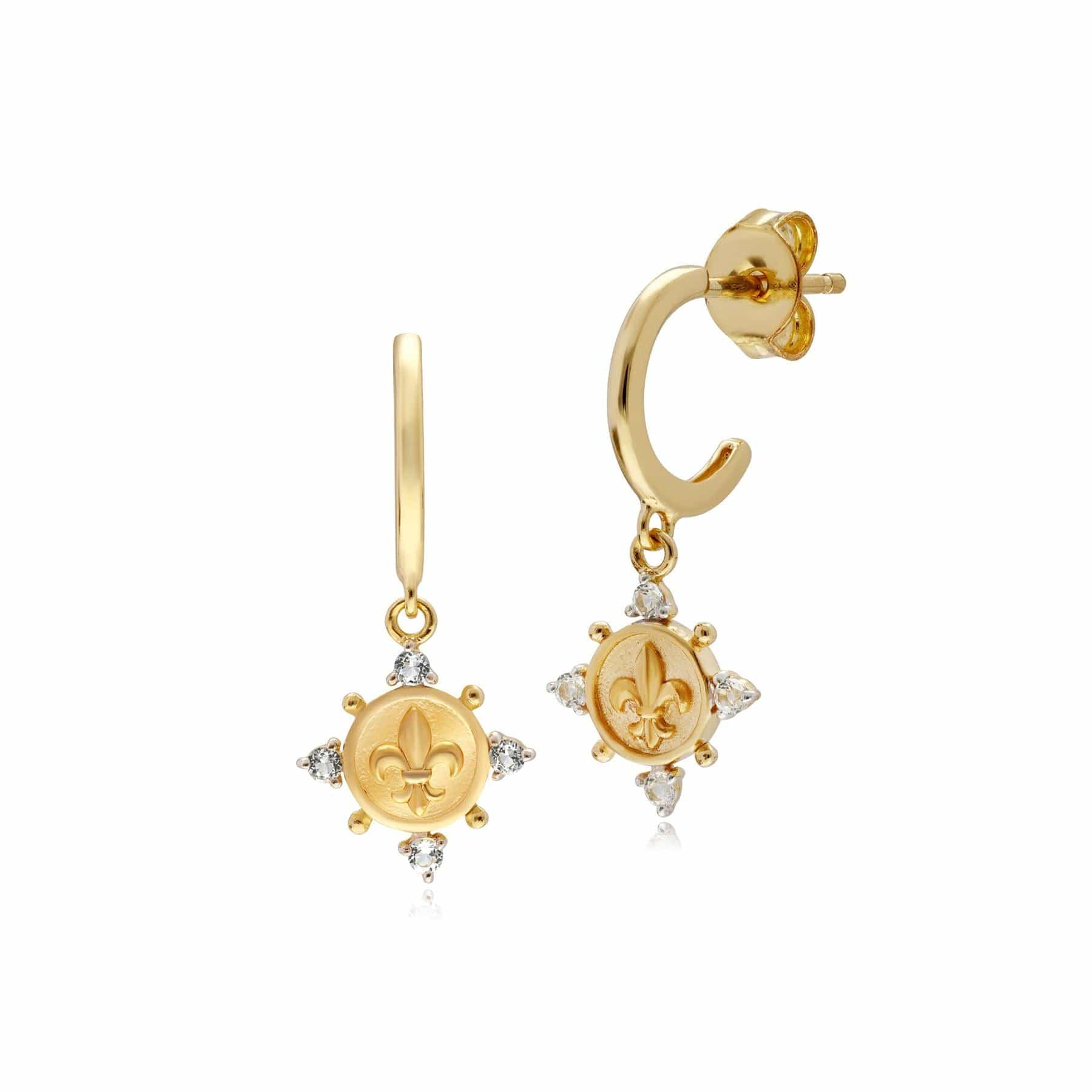 Women’s White Topaz Fleur De Lis Hoop Earrings In Yellow Gold Gemondo