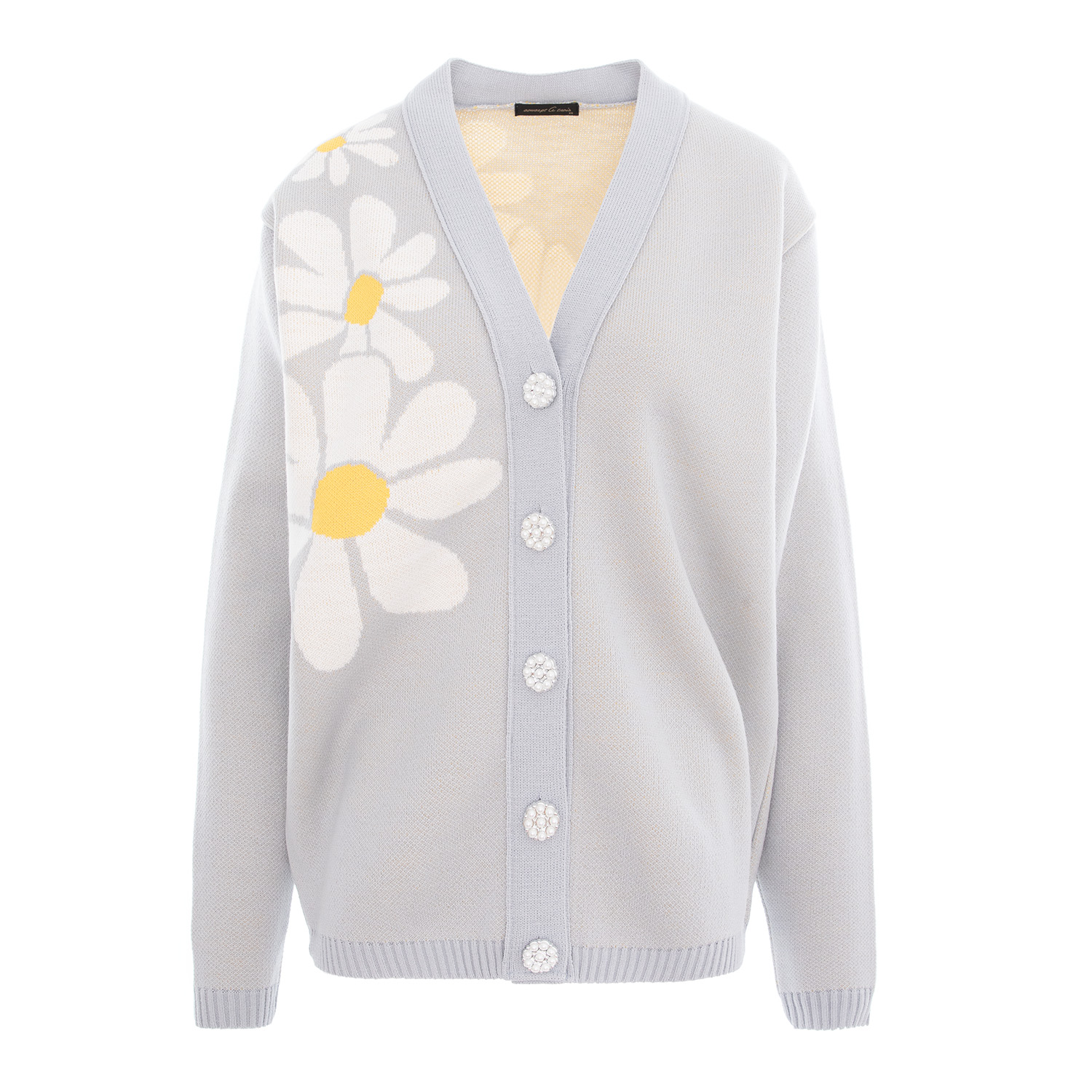 Concept A Trois Women's Grey Cardigan With Daisies, "v" Neckline, Knitted And Daisies Buttons In Grey