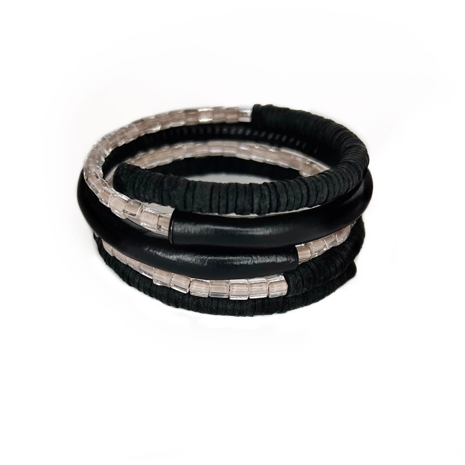 Waiwai Women's Black / Pink Black Coil Leather Bracelet With Beads In Multi
