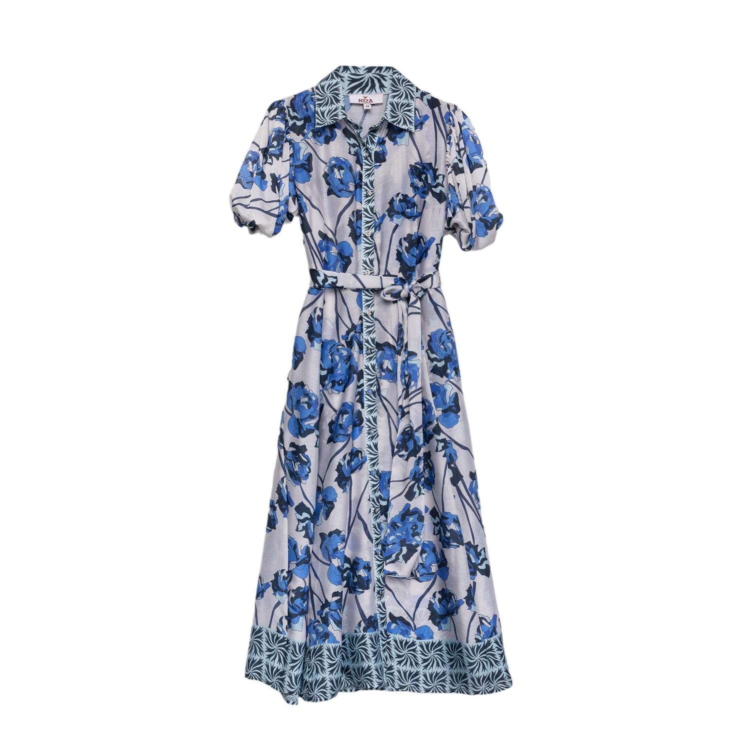 Women’s Blue Floral Print Midi Shirt Dress Small Niza