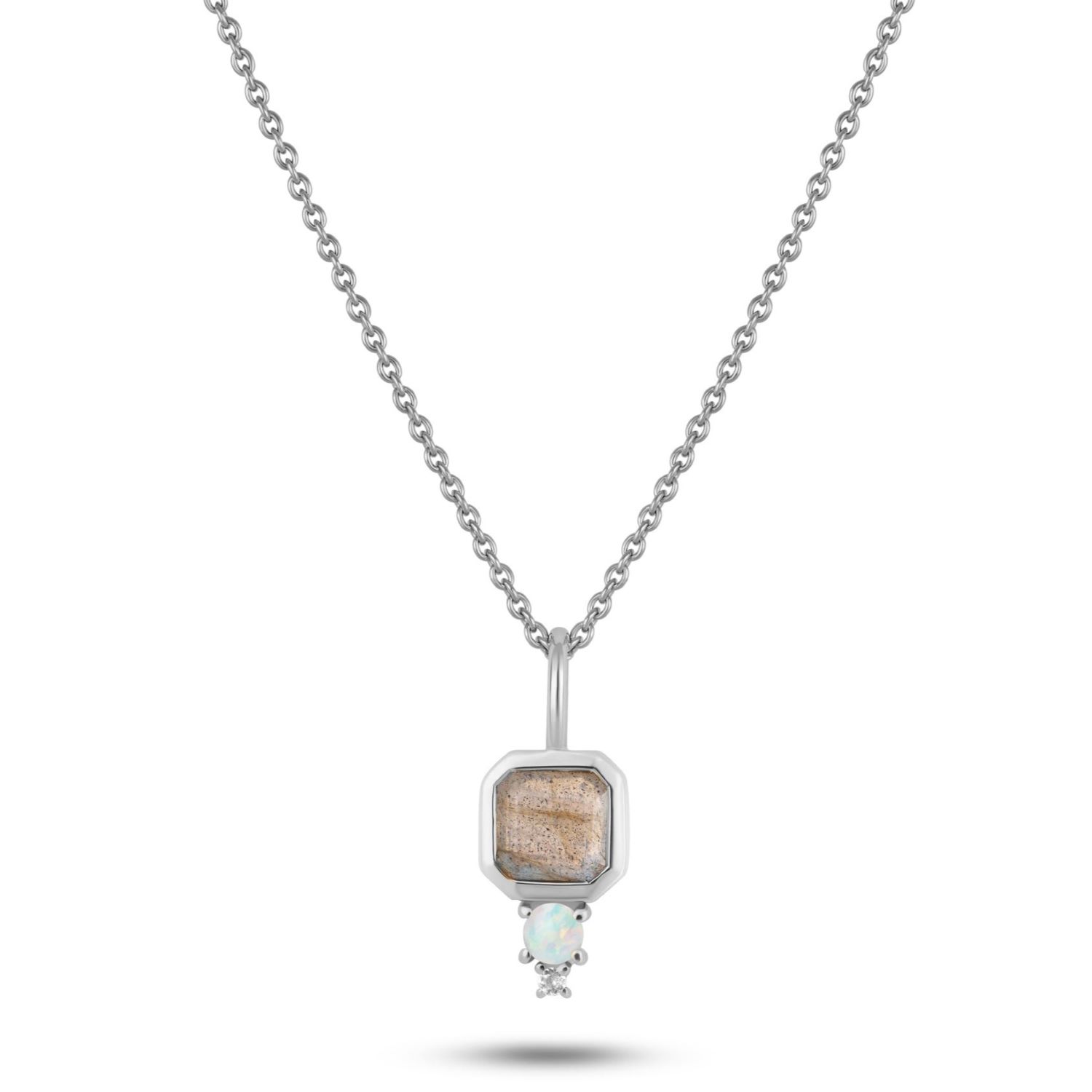 Zohreh V. Jewellery Women's Pink / Purple / Silver Square Labradorite, Opal & White Sapphire Pendant Sterling Silver