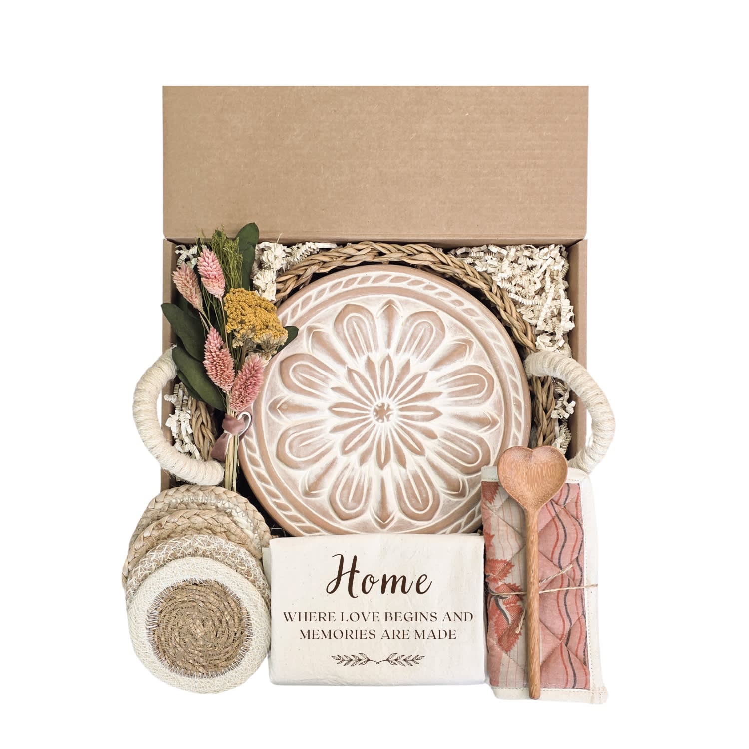 Korissa Neutrals Bread Warmer Gift Box With Pot Holder, Tea Towel And Spoon - Flower Round