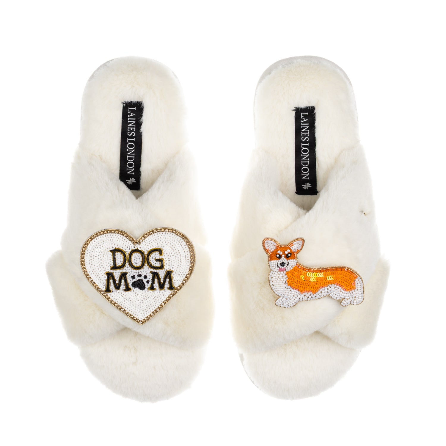 Laines London Women's Neutrals / White Classic Laines Slippers With Dog Mum/mom & Corgi Brooches - Cream In White